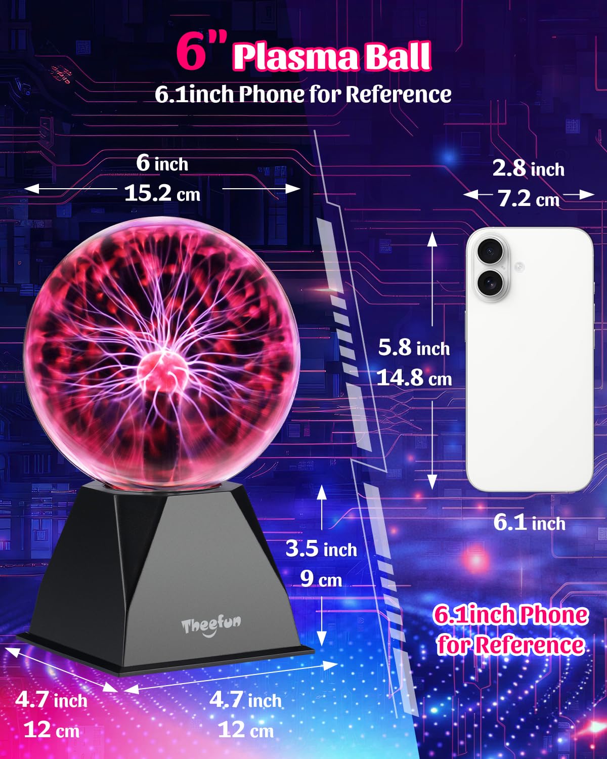 Theefun Sfera al Plasma 6 Pollici, Lampada al Plasma Magica Touch e Sound, Plasma Ball Interattivo Educativo di Fisica, Lampada Plasma Decorativa per Feste e Regalo di Compleanno (Rosso)