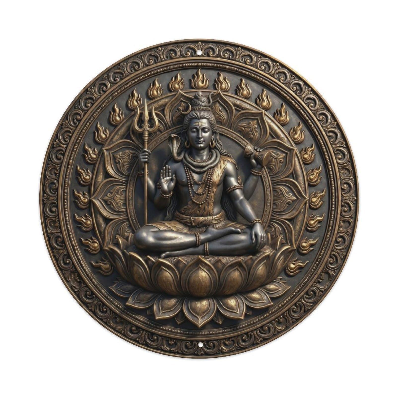 Fqcyn Style Hindu Deity Shiva Lotus Throne Blooming Sacred Relief Sculpture Metal Tin Sign Plaque Wall Decor For Cafe, Club Bar, Office, Home Garden Round Metal Poster 8X8inch