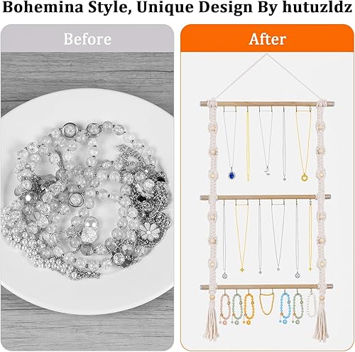 Miniatura 4 de Hutuzldz Organizador de joyas colgante, soporte de collar de macramé con 30 ganchos, estante para collares montado en la pared, colgador de collar