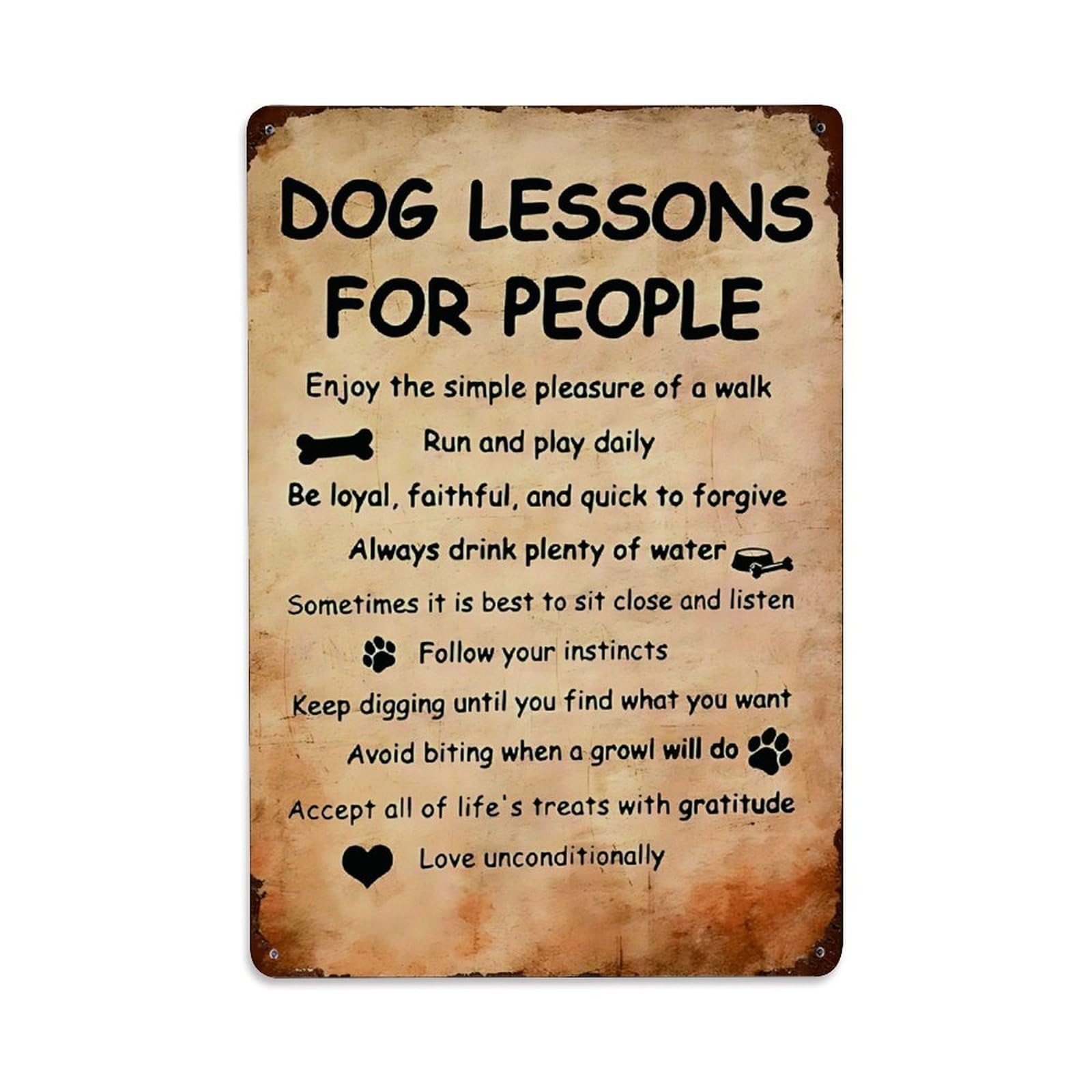 Dog Lessons For People Funny Vintage Pet Metal Sign Vintage Aluminium Metal Sign, Retro Wall Decor for Home, Bar, Garage & Farmhouse 30x20cm