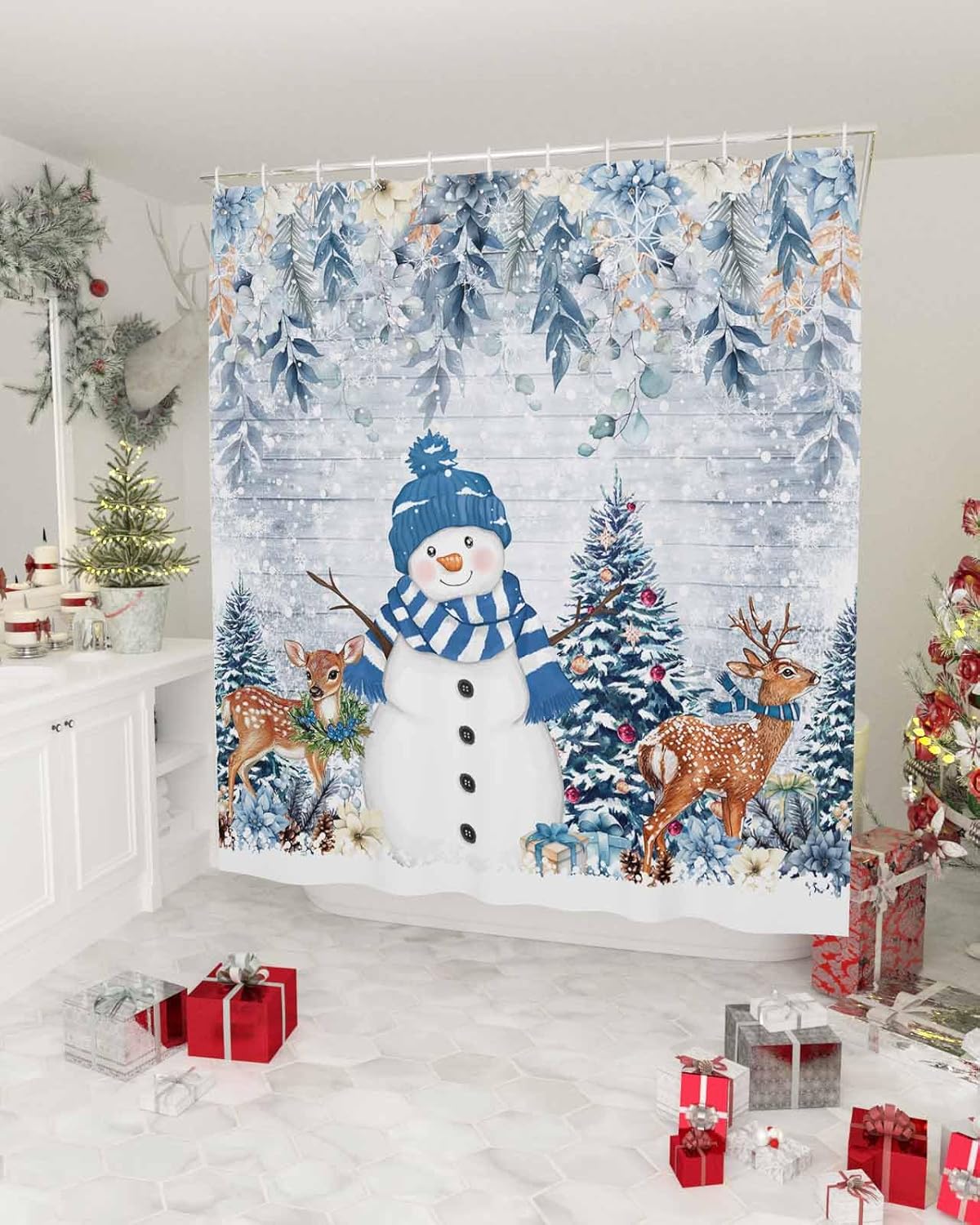 Eucalyptus Retro Farmhouse Deer Shower Curtain Set, 72"x72", Winter Snowman Blue, Snowflake Xmas, Washable Fabric, Waterproof Bathroom Decor