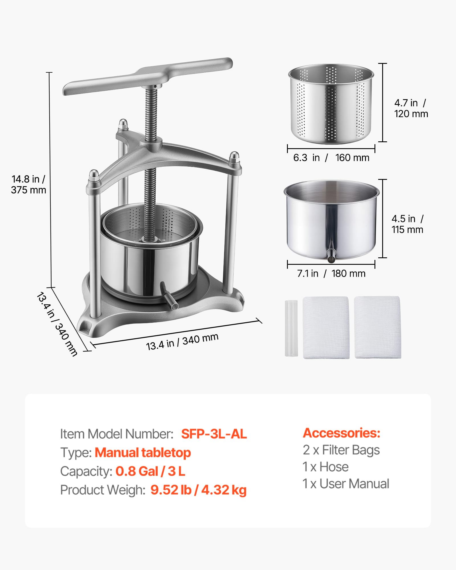 VEVOR Pressa Manuale per Frutti Vino, Premitutto Torchio Manuale Contenitore Interno in Acciaio Inox 3 Litri per Mele Uva Arance Verdure Premitutto con 2 Sacchetti Filtro Manico a Forma di T
