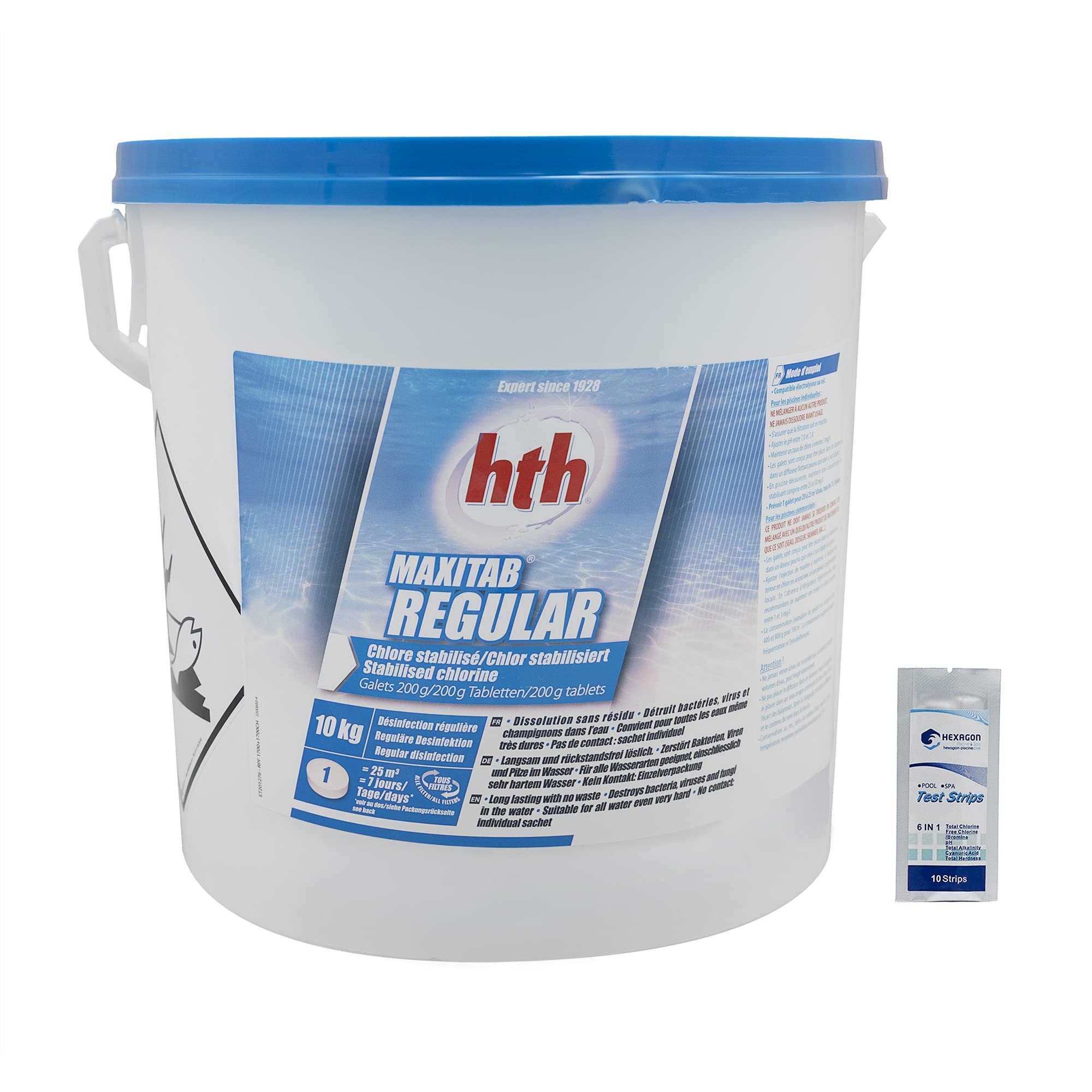 HTH MAXITAB Regular Galet 200g - 10kg | Chlore Lent Stabilisé - Désinfection Régulière - Dissolution Lente + 10 Tests HPS OFFERTS 6 en 1