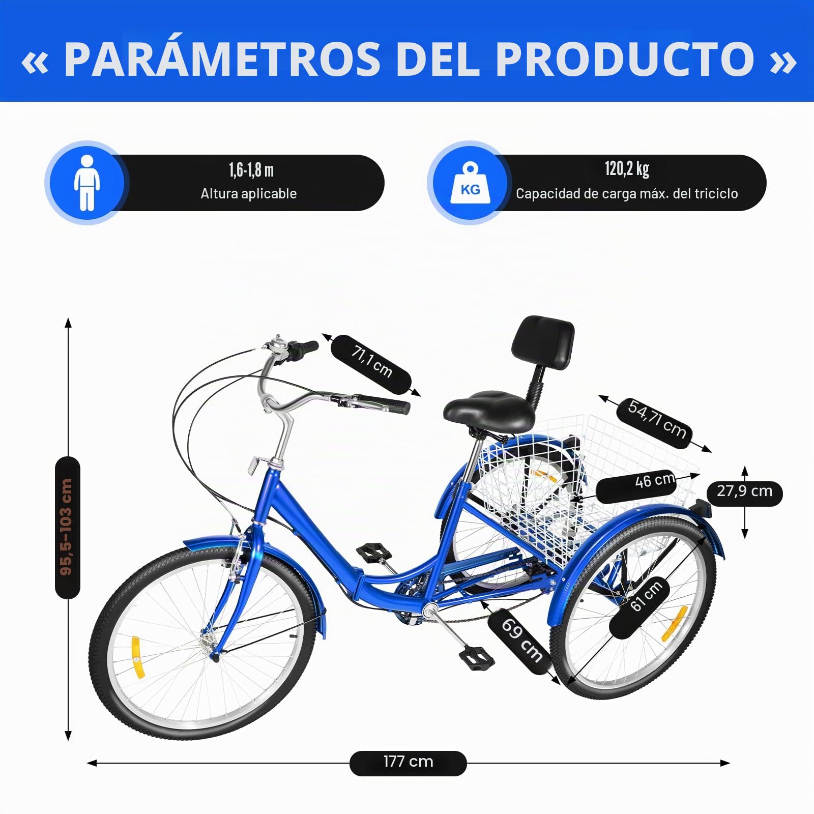 Triciclo de bicicleta plegable de 24 pulgadas, triciclo para adultos, bicicleta de 3 ruedas con cesta de la compra, para adultos, personas mayores, mujeres, hombres