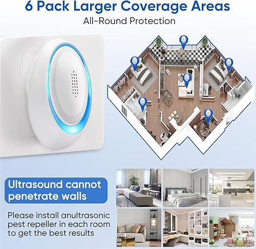 Miniatura 5 de Repelente ultrasónico de plagas, paquete de 6 unidades, repelente electrónico de plagas para interiores para sala de estar, oficina, almacén,