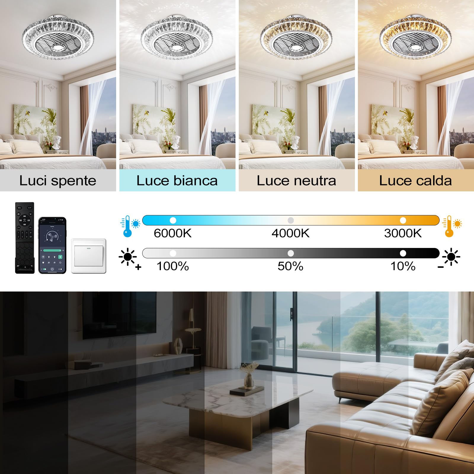 Crystal Ventilatori Da Soffitto Con Lampada 72W LED Fan Plafoniera Invisibile 3 Velocità Con Telecomando Dimmerabile Decorazione D'interni Illuminazione Camera Da Letto Ristorante Fan Lampadario(A)