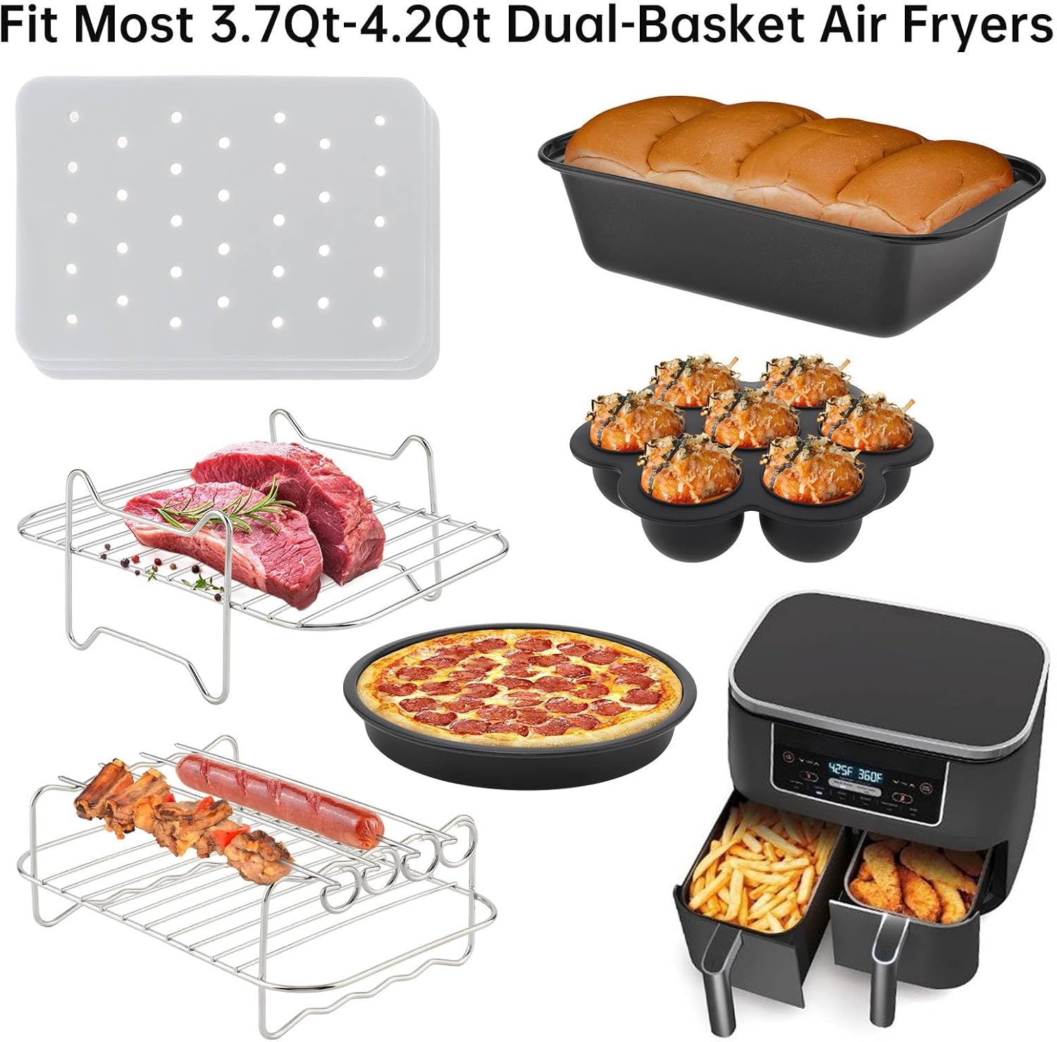 dual basket air fryer accessories 9pcs, fit for ninja dual air fryer dz201, dz401, dz550 & most 8qt - 10qt and larger dual zone air fryer, include cake pizza pan, racks & skewer, paper liner, etc