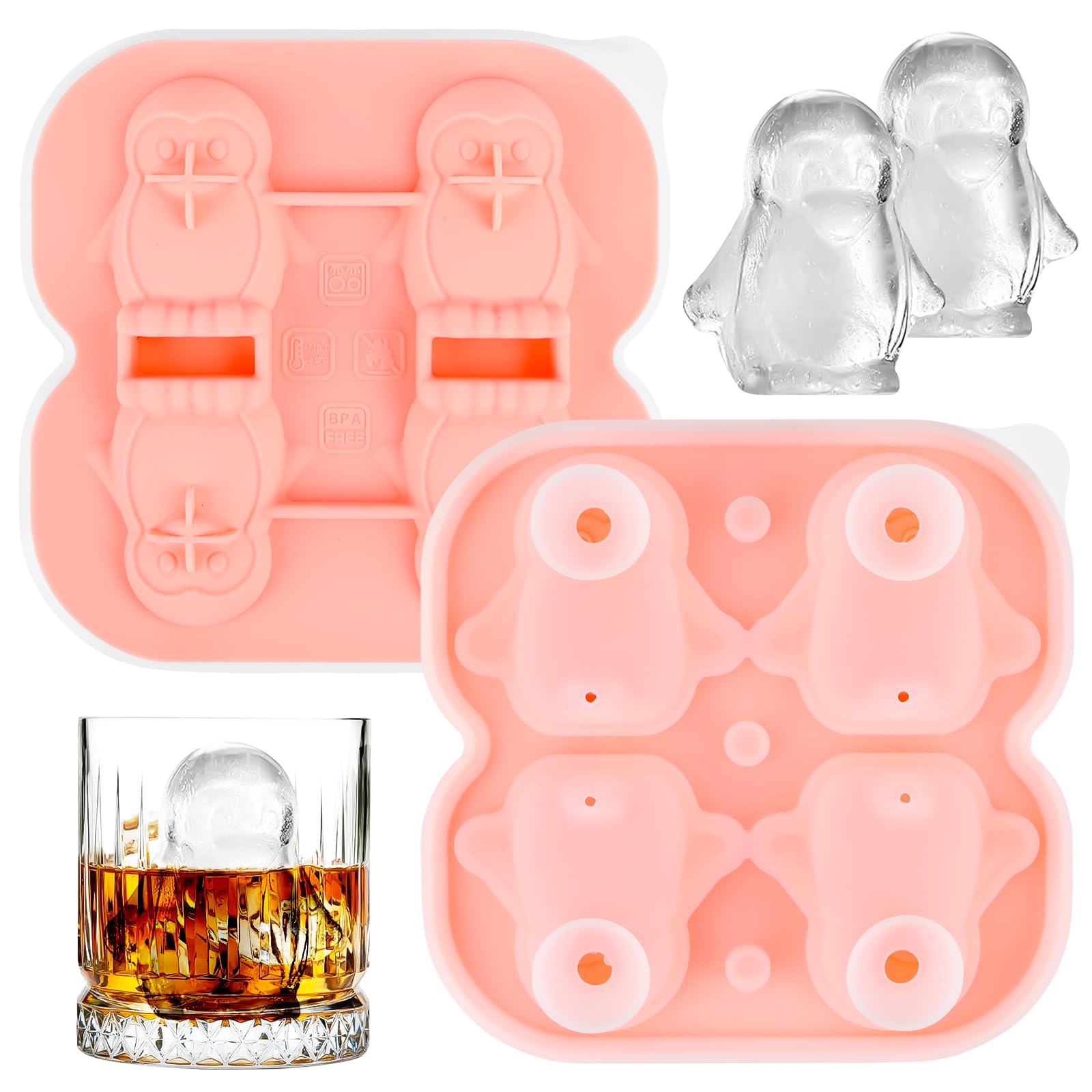 Bohrma Ice Cube Tray Silicone 1 Piece Ice Cube Tray Large 3D Penguin Ice Cube Tray with Lid Ice Cube Tray Silicone Ice Cube Trays Ice Cube Mould Silicone Mould for Drinks, Cocktail, Whiskey