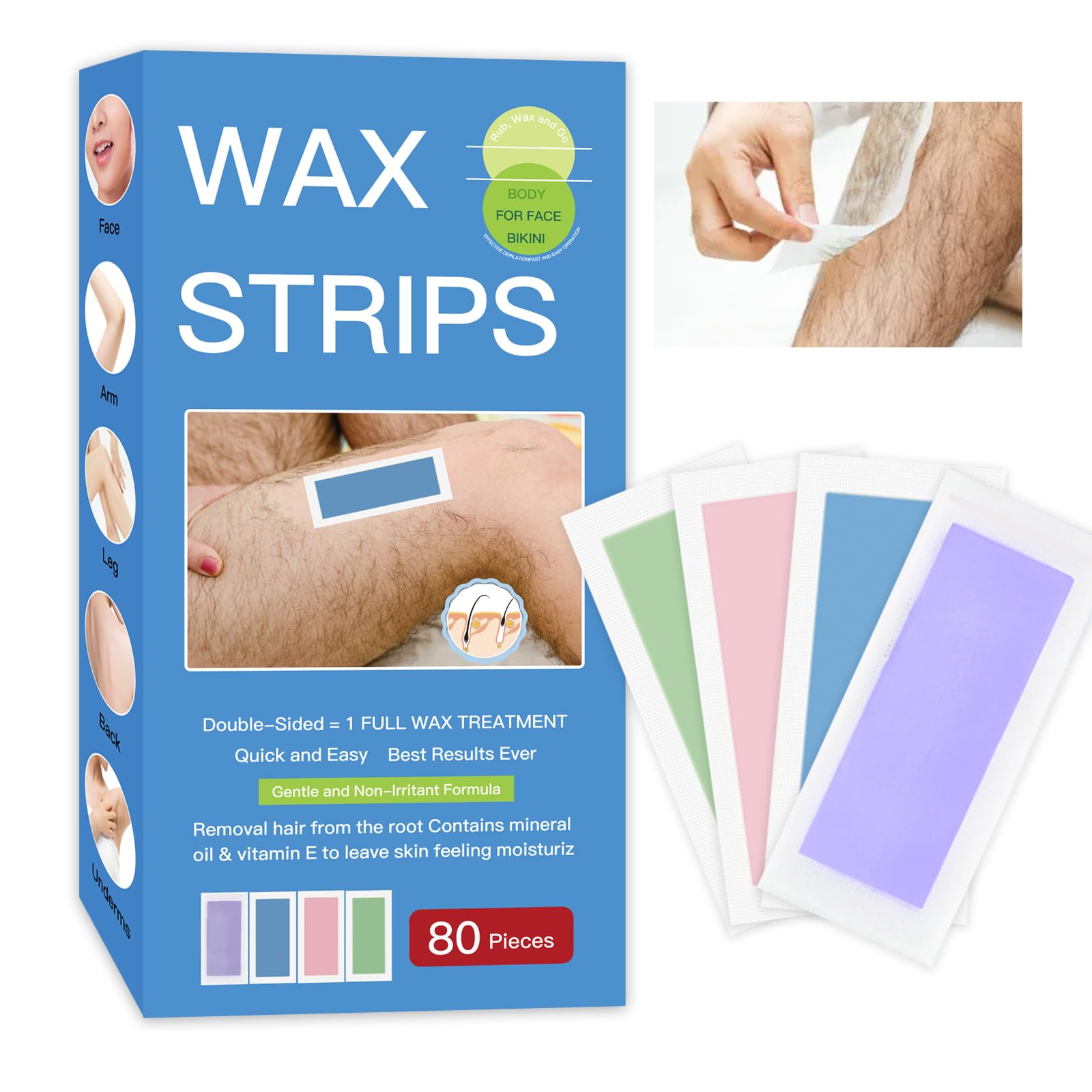 Confezione da 80 strisce di cera per depilazione del corpo, 20 sacchetti, salviette di olio lenitivo, patch depilatoria al miele a casa, facile rimozione dei peli