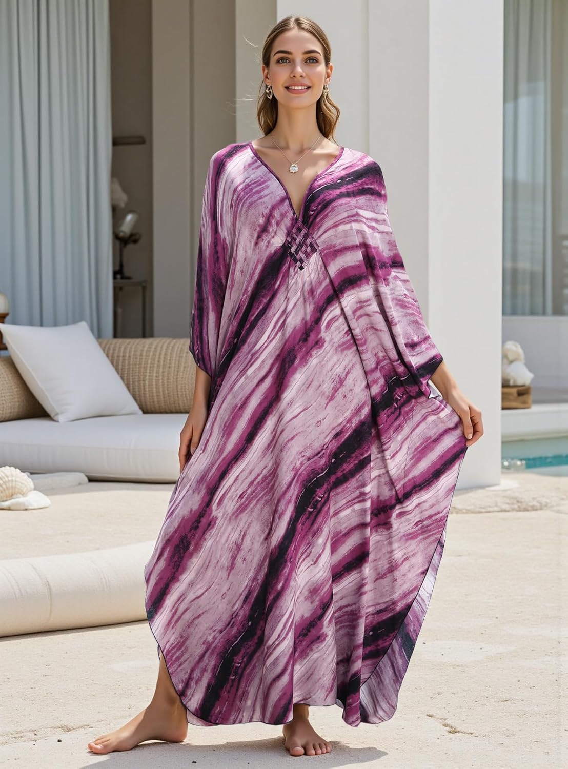 Women's Plus Size Kaftan Dress - Batwing Sleeve Long Beach Cover Up Maxi Dress Swimsuit Cover Loungewear - Image 4