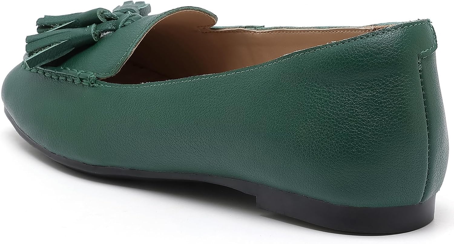 Women's Square Toe Leather Loafers Slip-On Dress Flats | Soft Comfortable Dress Flat Shoes Moccasin Slip-On Walking Flats Tassel Loafers for Women Penny Shoes