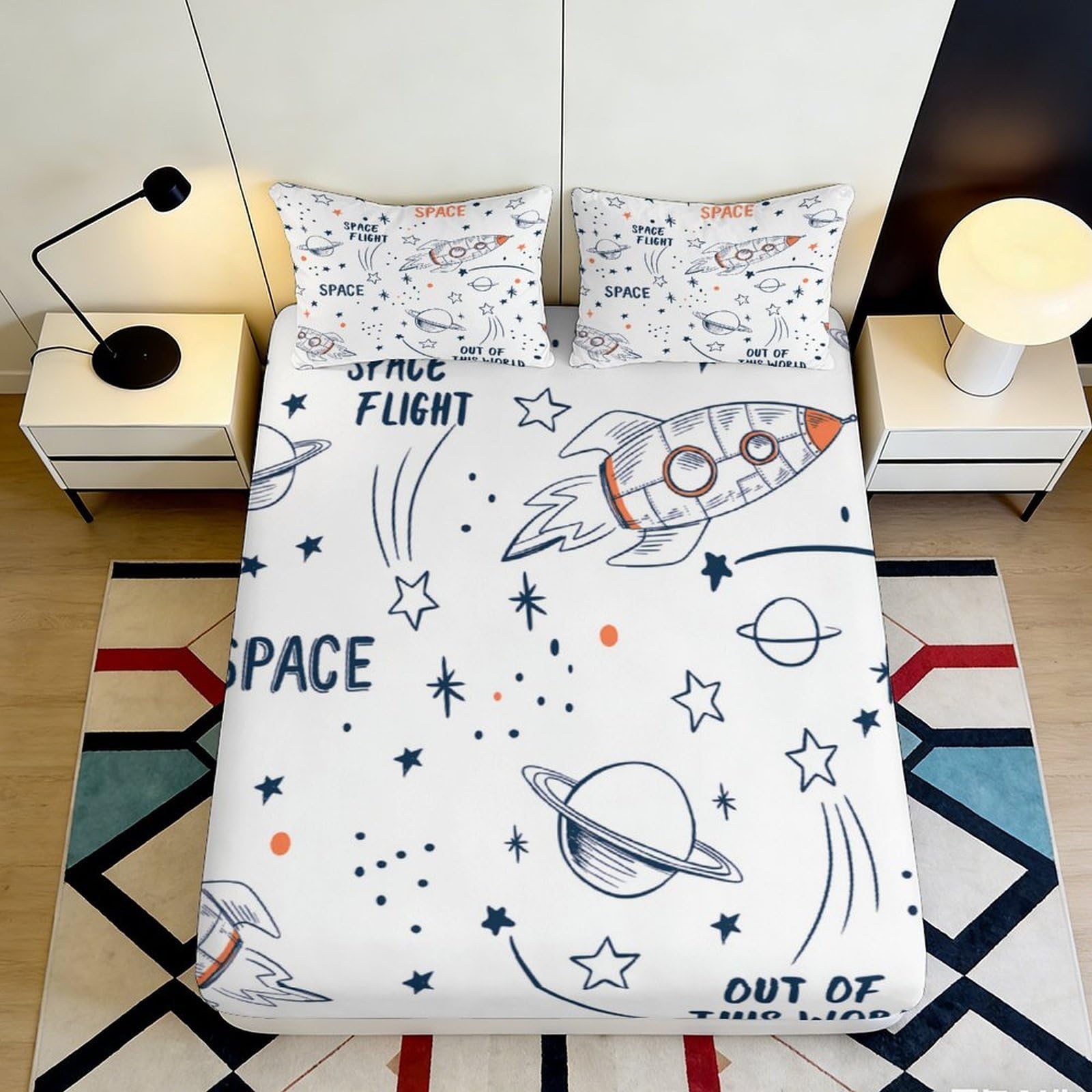 Jqzkxnhpbr Style-2 3D Printed Space Rocket Fitted Sheet Microfiber Soft Breathable Planet Mattress Cover For Bedroom Dorm Bed Decor 90X200x25cm