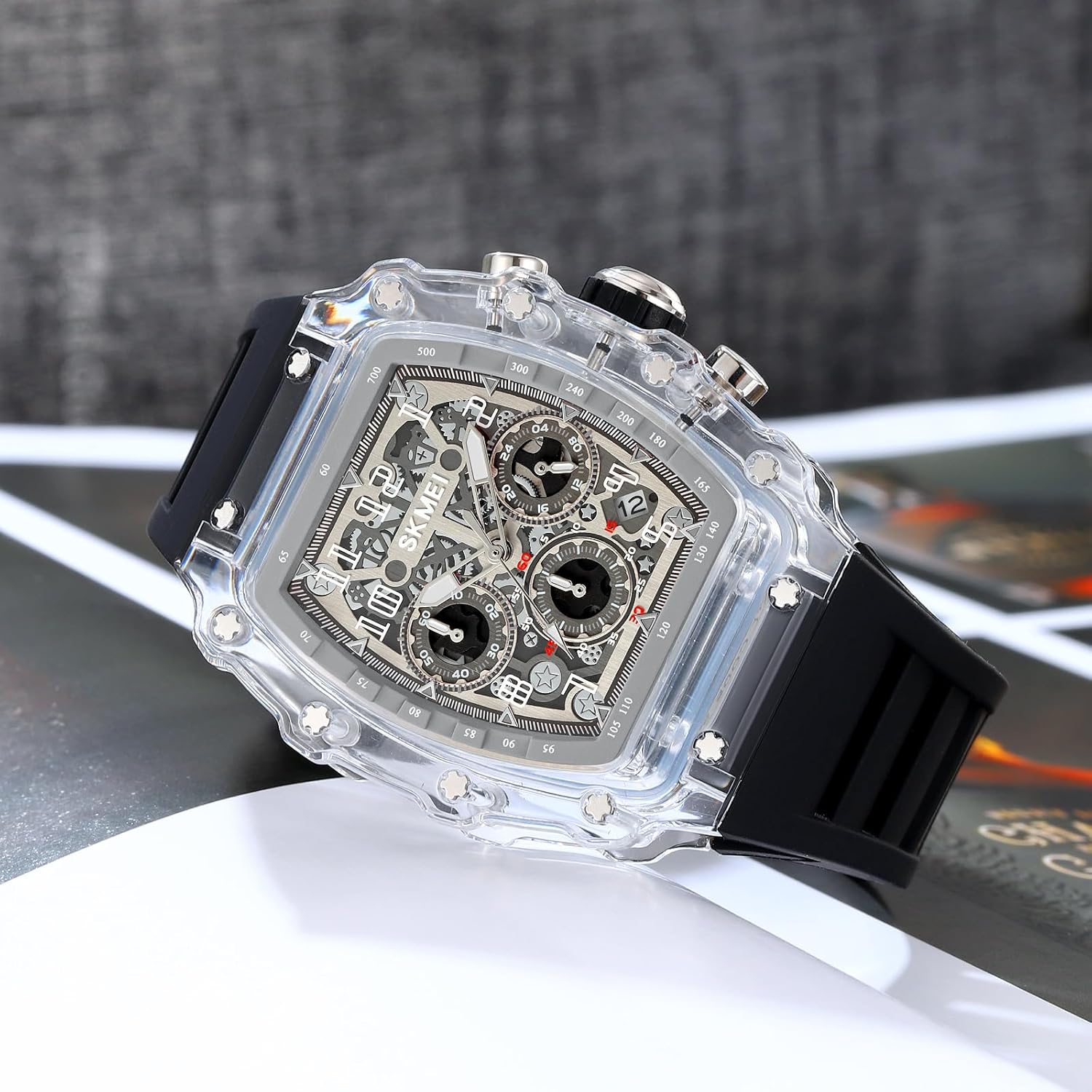 MASTOP Fashion Hollowed Men Watches Tonneau Transparent Silicone Strap Skull Big Face 50M Waterproof Chronograph Calendar Analog Display Quartz Male Wrist Watch - Image 6