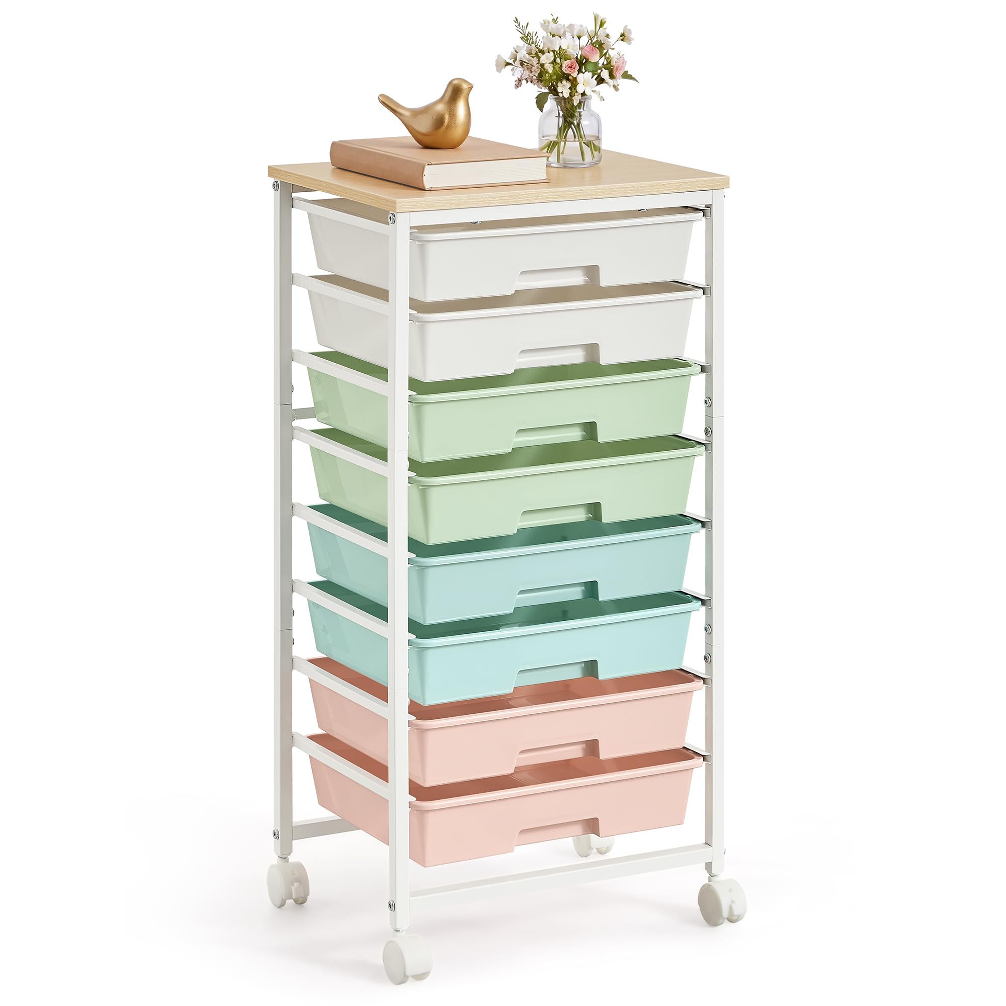 VASAGLE Rolling Storage Trolley with 8 Plastic Drawers, Mobile Organizer Cart with Wooden Top, 39.5 x 28.5 x 76.5 cm, for Office, Craft Room, Multicolor, BENCO Collection LRC006X101