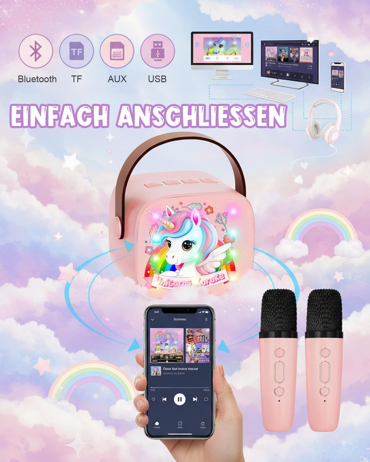 Einhorn Karaoke Maschine mit 2 Bluetooth Mikrofon Kinder, Einhorn Geschenke für Mädchen 3-13 Jahre, Tragbarer Karaoke Drahtlosen Mikrofon mit LED-Lichtern, Mädchen Geschenk Microphone