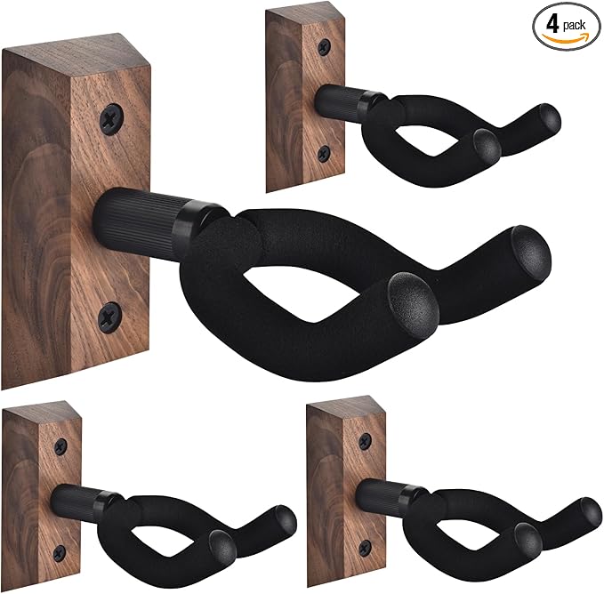 DOMMI Guitar Wall Mount 4 Pack, Guitar Holder with Rotatable Soft Guitar Hook for All Size Guitars, Hardwood U-Shaped Guitar Hanger Wall Mount for Acoustic, Electric Guitar, Bass, Black Walnut
