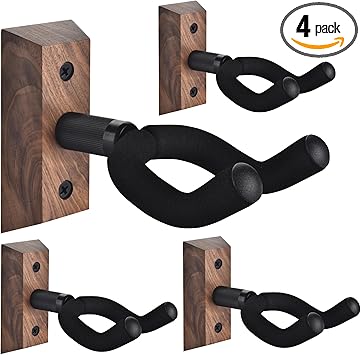 DOMMI Guitar Wall Mount 4 Pack, Guitar Holder with Rotatable Soft Guitar Hook for All Size Guitars, Hardwood U-Shaped Guitar Hanger Wall Mount for Acoustic, Electric Guitar, Bass, Black Walnut