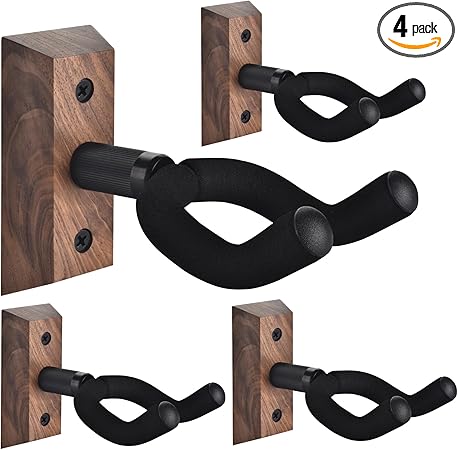 DOMMI Guitar Wall Mount 4 Pack, Guitar Holder with Rotatable Soft Guitar Hook for All Size Guitars, Hardwood U-Shaped Guitar Hanger Wall Mount for Acoustic, Electric Guitar, Bass, Black Walnut