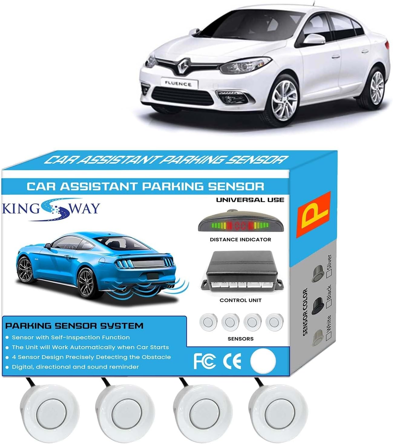 KINGSWAY® Car Reverse Parking Sensor Universal with LED Display Compatible with Renault Fluence (Year 2012 to 2017), Auto Object Detection Radar System with Ultrasonic Sensor Kit in White Color