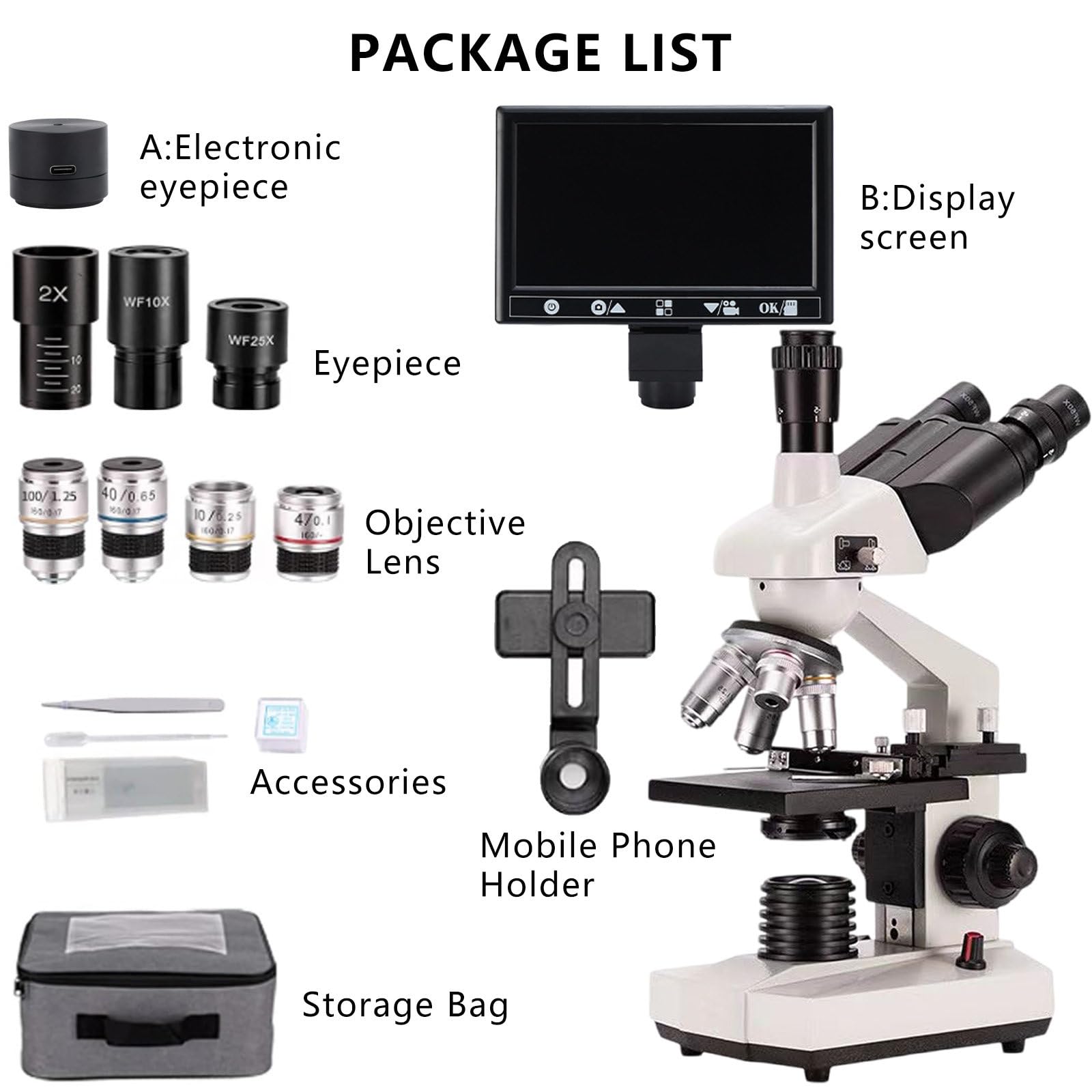 Microscopio BiolóGico HD, para El Hogar, Laboratorio Escolar, Microscopio Compuesto Trinocular Digital De 40X A 5000X, con Perilla De Enfoque Coaxial Grueso/Fino,5000X+A+B