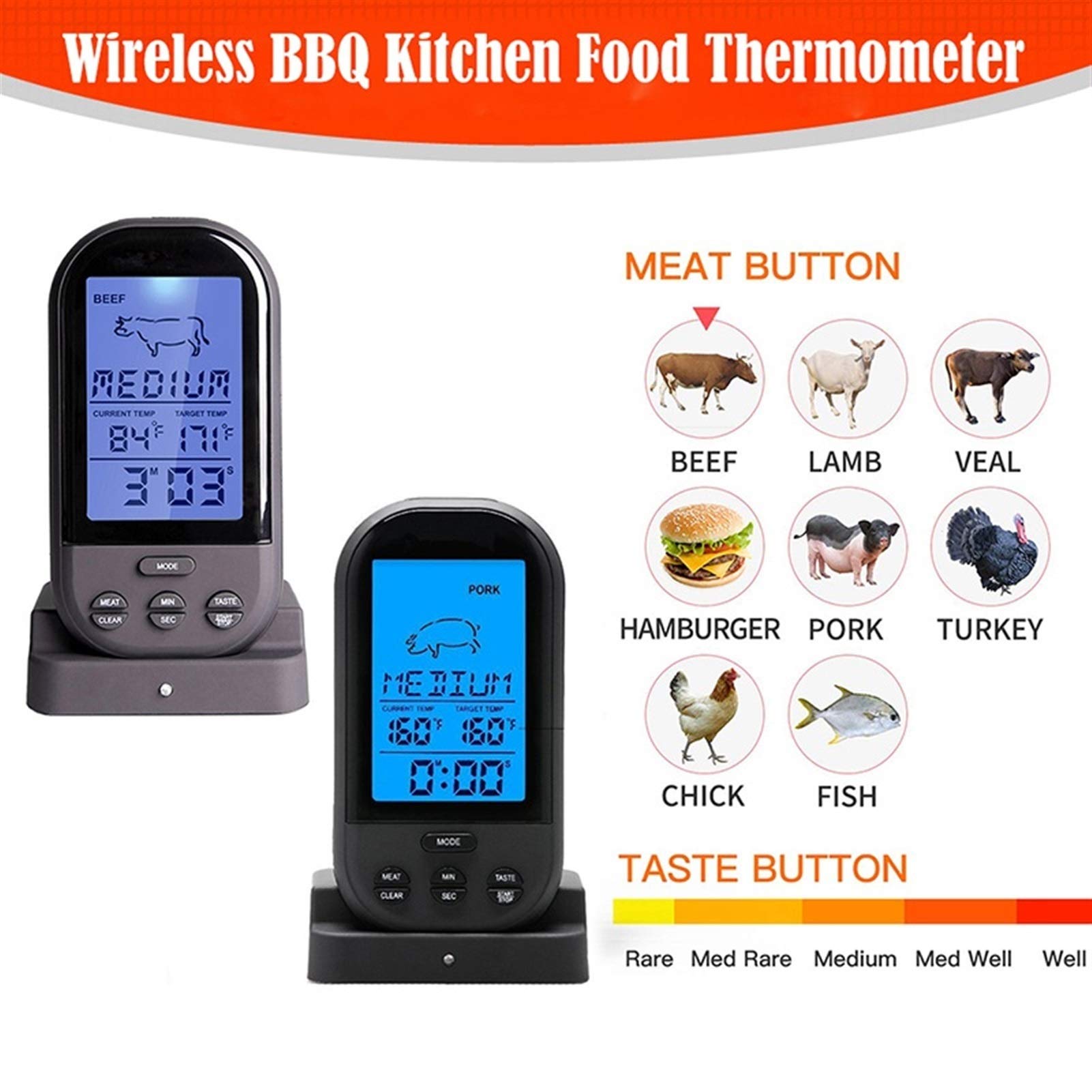 Termometro Igrometro Termometro digitale BBQ BBQ Grigliatura della sonda alimentare Termometro da cucina Strumenti di cottura con allarme timer Termometro igrometro per interni(A)