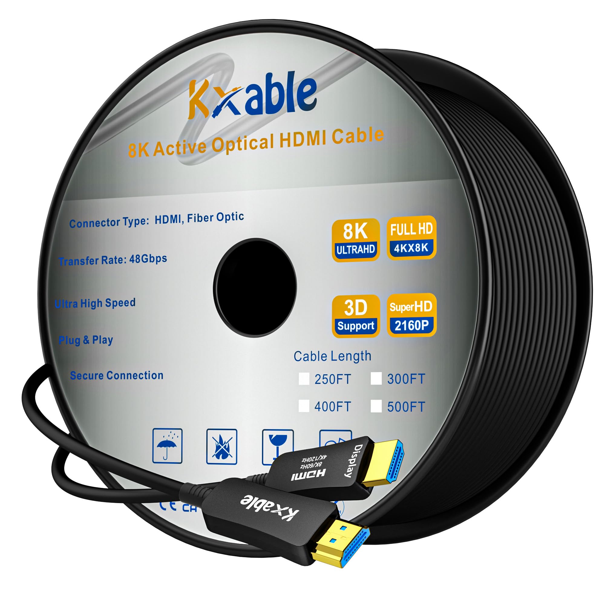 8K HDMI Fiber Optic Cable 250FT, HDMI 2.1 48Gbps Ultra High Speed Cord, 8K@60Hz, 4K@120Hz, 3D Dynamic HDR/eARC/HDCP 2.3, Compatible with Laptop/