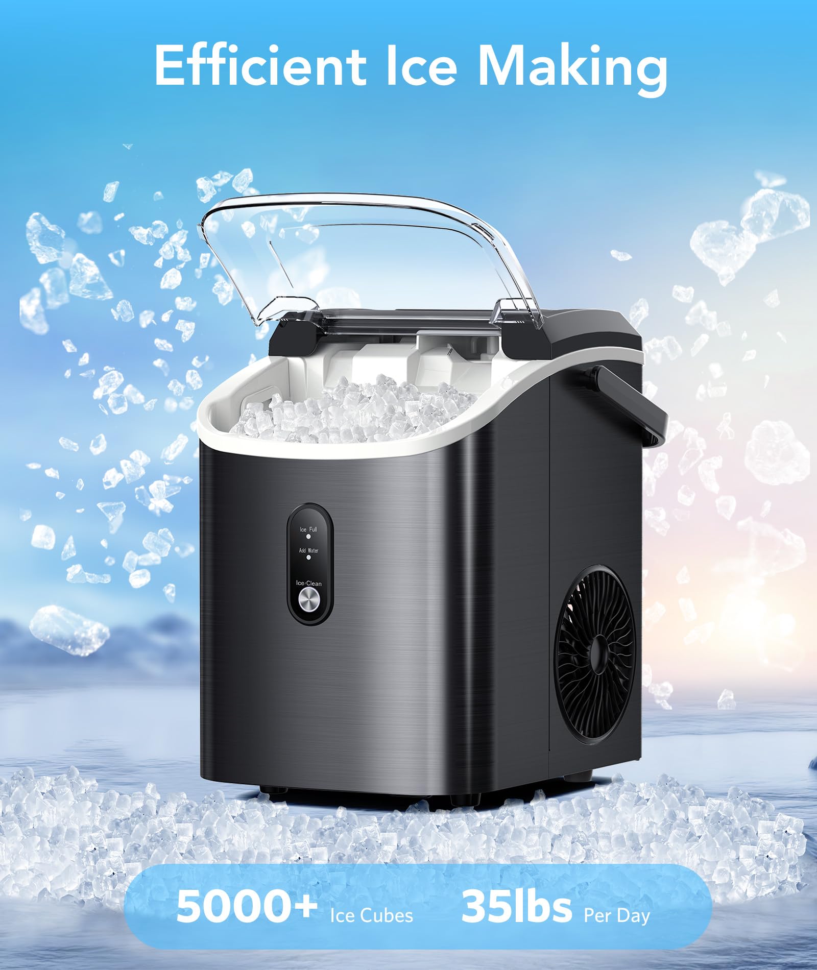Electactic Nugget Ice Maker Countertop - Pebble Ice Maker With Self-Cleaning, 35lbs/Day, Ready In 6 Mins, Portable Sonic Ice Machine With Handle, Basket & Scoop For Home, Kitchen, RV, Outdoor (Silver) on Fridge.com - View 3