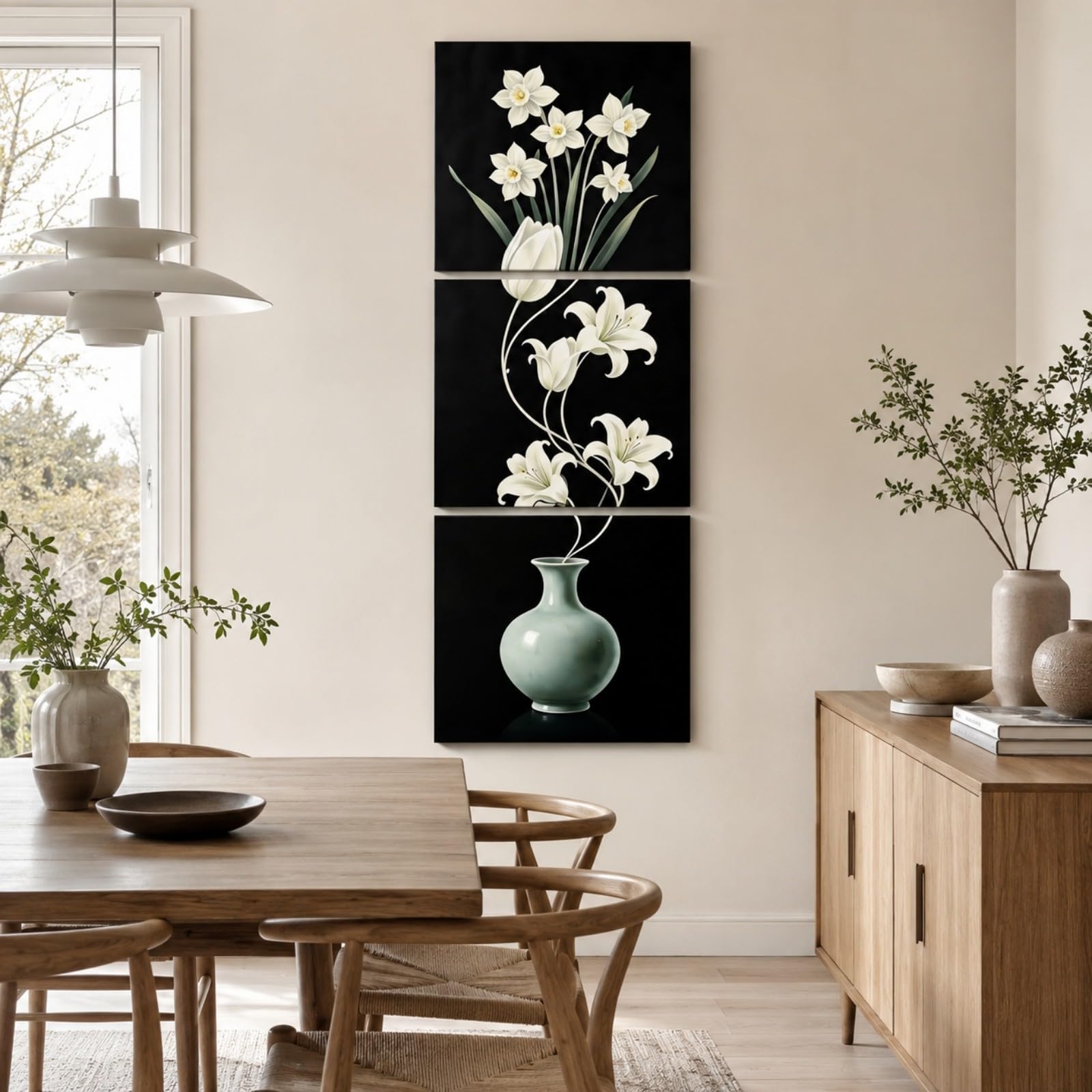 RGsixiot Cuadro en Lienzo Asiático 3 Paneles Flores Blancas Jarrón Celadón