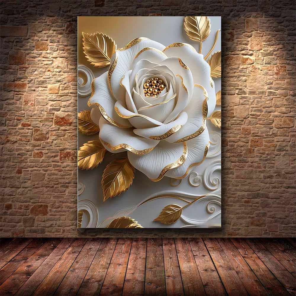 QUSAAOU Leinwandbilder Weiß Florale Gold Blatt Luxus Leinwandbilder Mit Rahmen Abstrakte Landschaftsbilder Moderne Wanddekoration FüR Gro Schlafzimmer(Weiß)-50x70cm Gerahmt