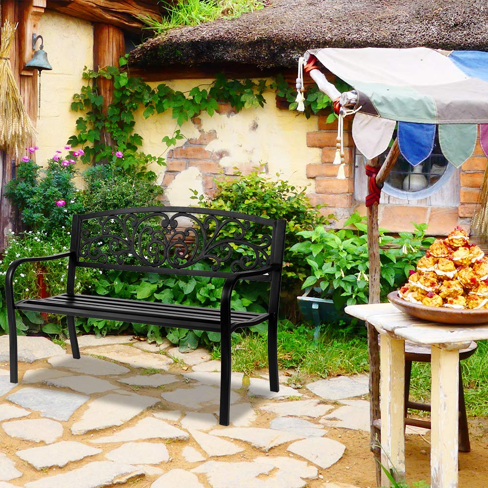 LEADZM Gartenbank Metall, Eisenbank mit Platz für 2-3 Personen - gartenbank wetterfest, Schwarzer Retro-Stil, Geeignet für Gärten, Balkone und Terrassen