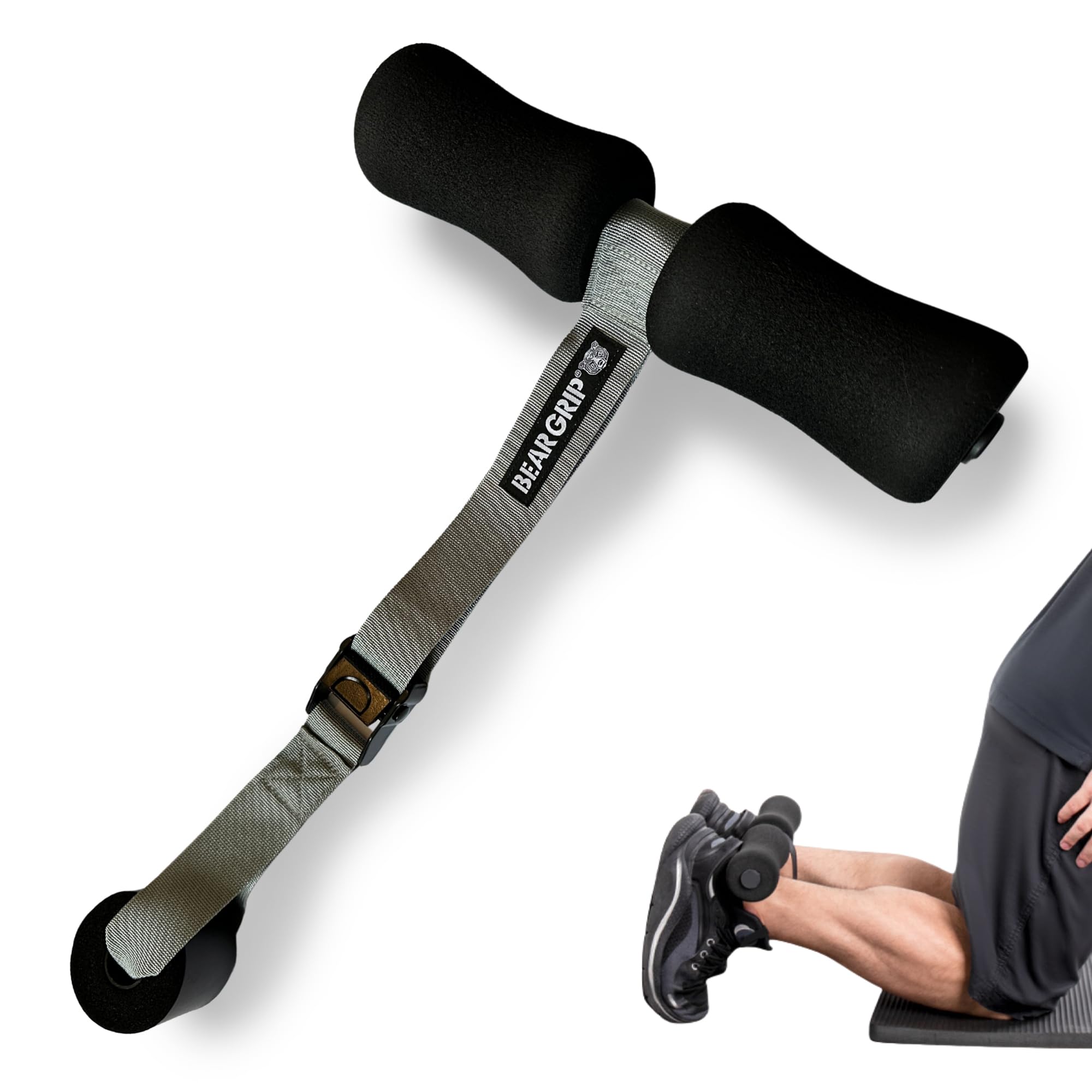 BEAR GRIP Adjustable Hamstring Curl Strap with Kneeling Mat for Hamstring Curls, Sit Ups, Stretches (Black)