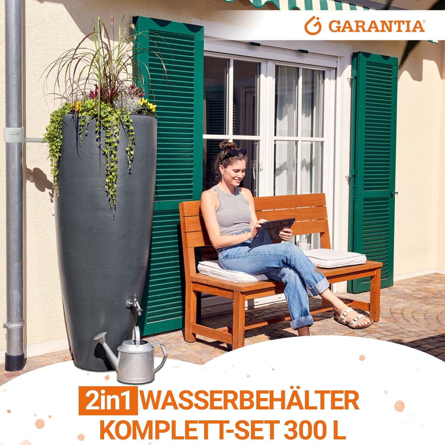 GARANTIA 2in1 Regentonne Komplett-Set 300 Liter Graphite Grey inkl.