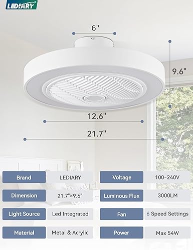 Miniatura 6 de LEDIARY Ventilador de techo cerrado de 22 pulgadas con luz y control remoto, ventilador de techo blanco moderno sin aspas con luz brillante,