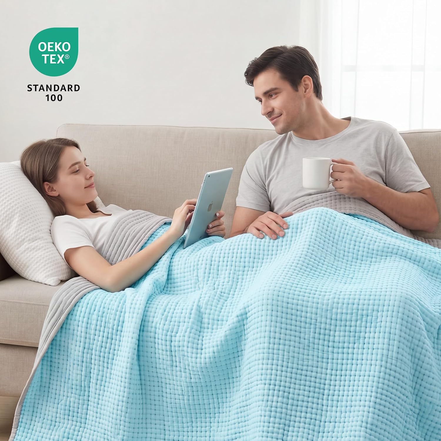 REDKISS Cotton Throw Blanket for Couch 61" x 83" - Double-Sided Lightweight Breathable Waffle Weave - Soft Cozy All Season Blanket for Bed Home Decor, Lake Blue & Light Gray