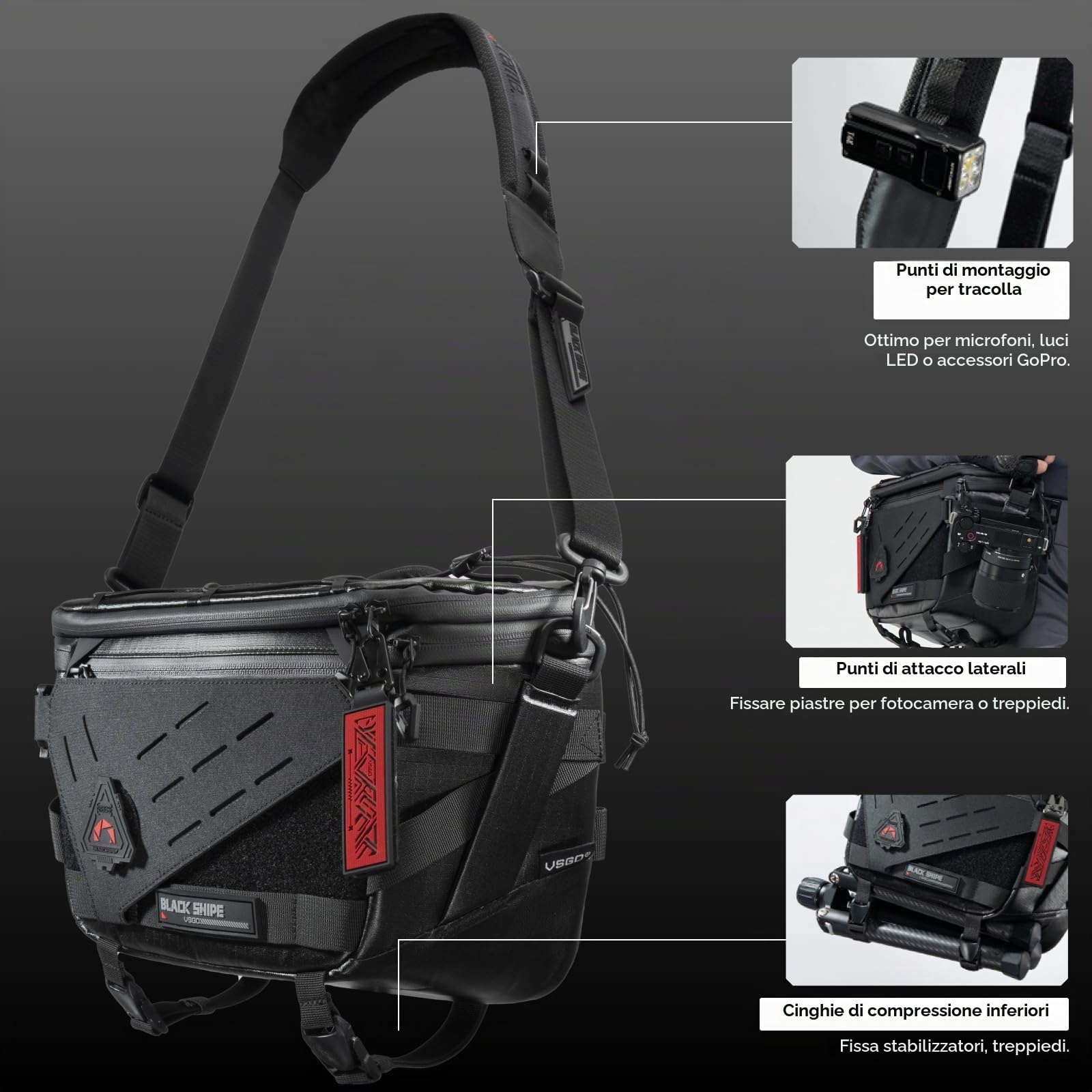 VSGO Black Snipe Pro 7-9L Borsa a Tracolla Espandibile per Fotocamera, con tessuto impermeabile, divisori modulari, sistema antitorsione e supporto per treppiede, leggera e professionale.