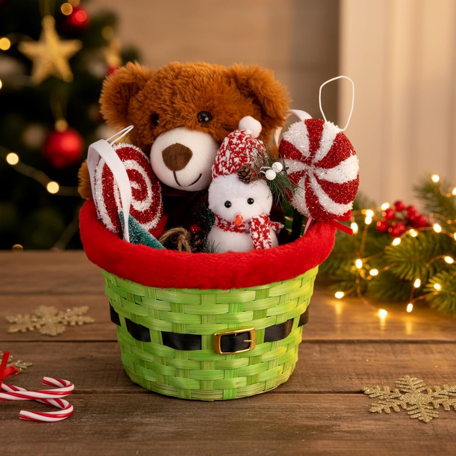 2 Pcs Christmas Baskets for Gifts Empty 9 x 7inch Empty Gift Baskets to Fill Bamboo Basket with Christmas Belt for Xmas Green Monster Holiday Birthday Gift Wrapping Supplies