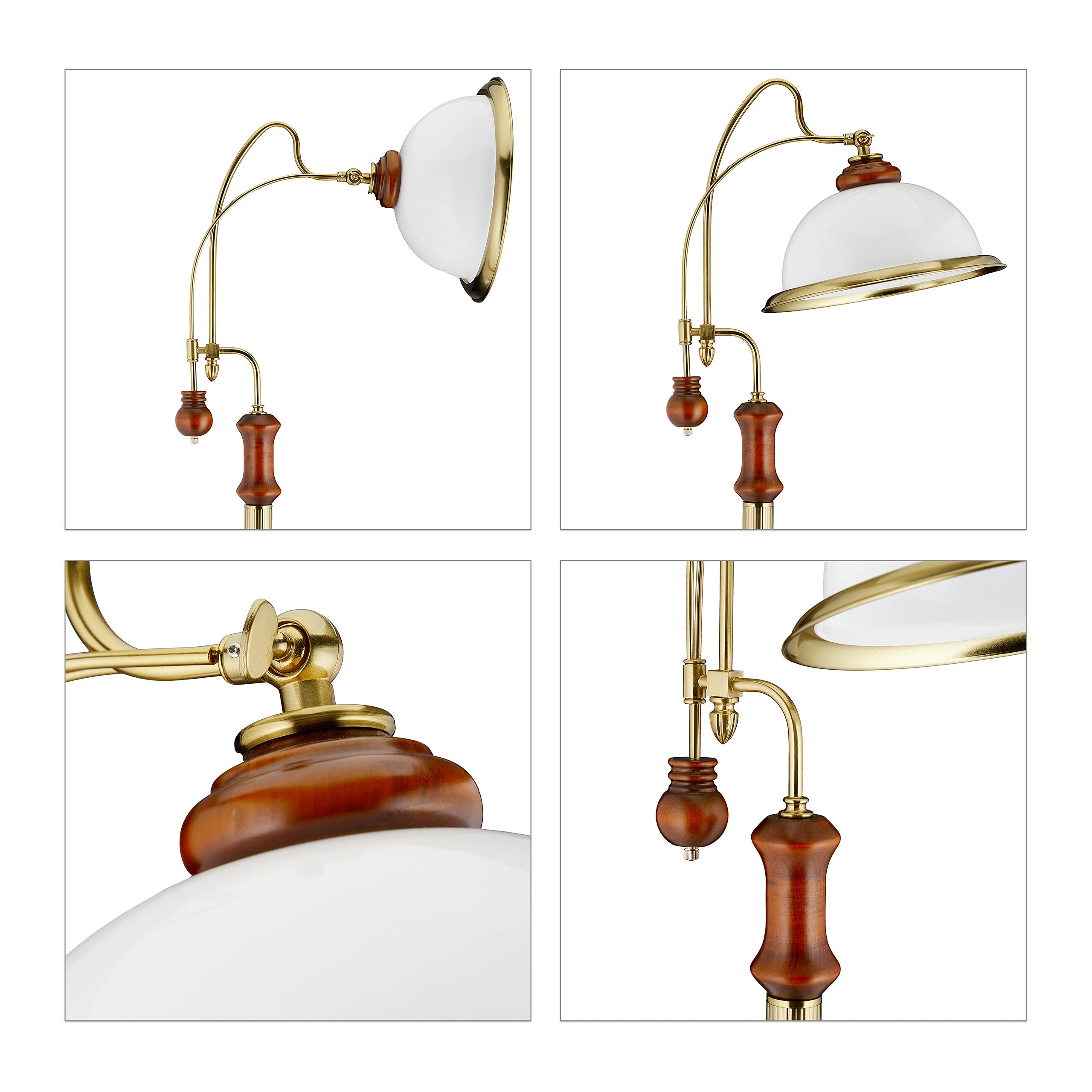 Relaxdays Stehlampe, Bogenleuchte im Jugendstil, Glasschirm, Holz, E27 Fassung, HxBxT: 166 x 40 x 36 cm, braun/gold
