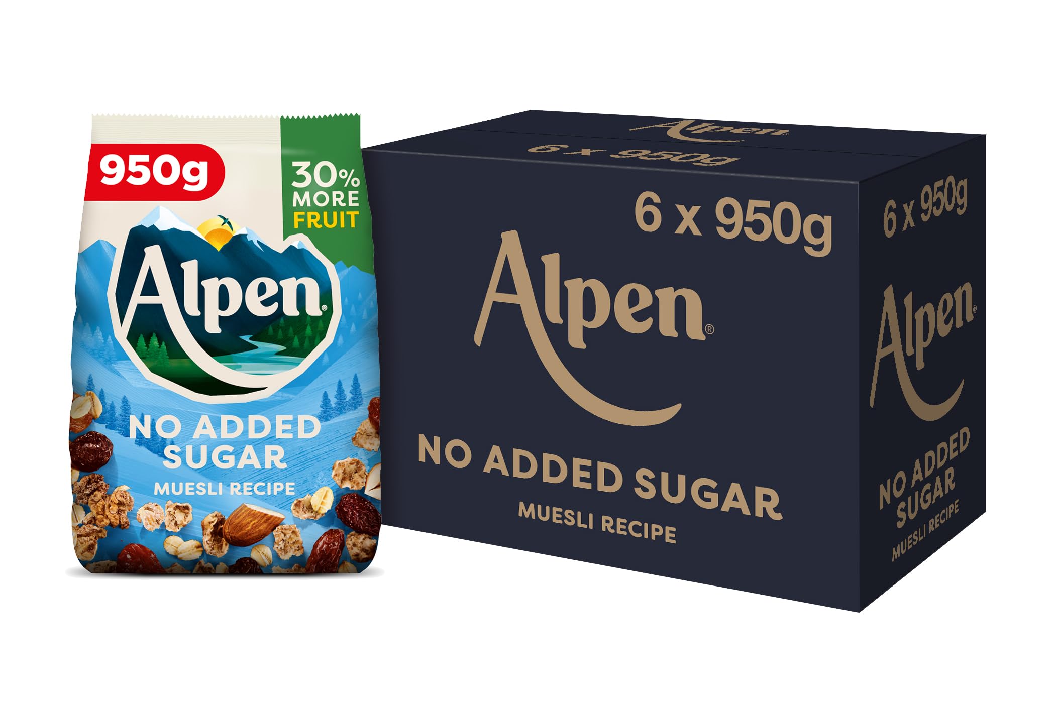 Alpen No Added Sugar Muesli, Breakfast, High in Fibre, Vegetarian, Low Sugar, (Pack of 6 ) 950g