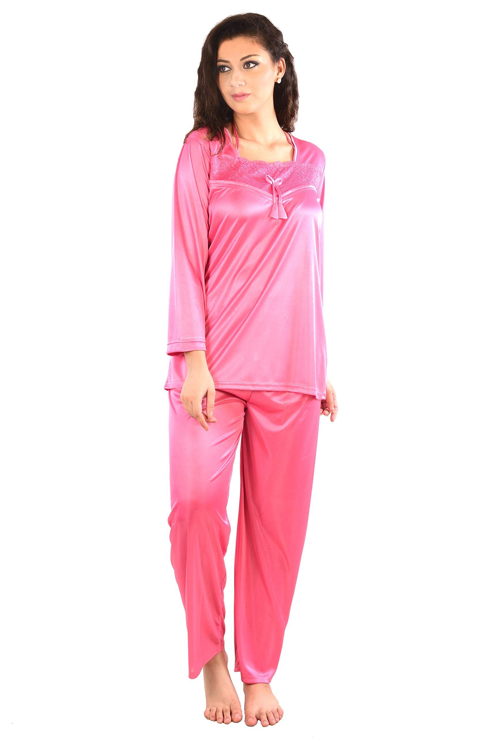 Women's Satin Solid Night Suit Set (ND072C Free_Coral Pink_Free)-image-28