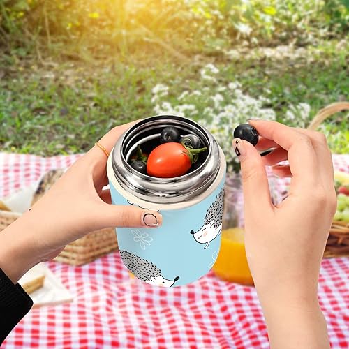 Miniatura 5 de susiyo Recipiente de alimentos aislado, 17 onzas de lindos erizos en azul aislado tarro de alimentos con cuchara plegable para comida caliente y sopa
