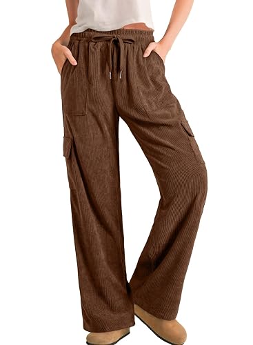 Sidefeel Womens Corduroy Pants Casual High Waisted Elastic Drawstring Cargo Loose Fit Wide Leg Pants with Pockets
