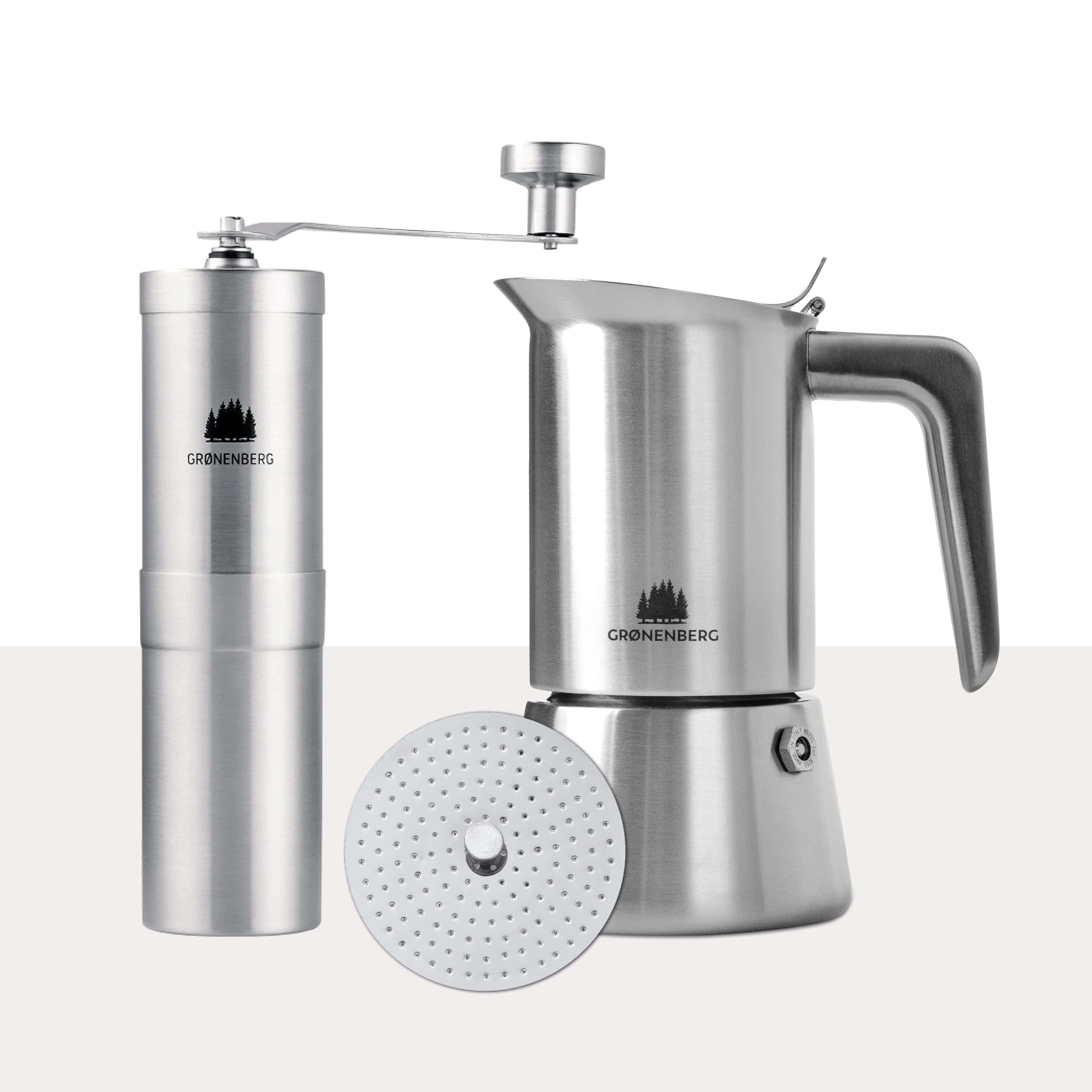Groenenberg Spar Set 4 | Espressokocher Edelstahl 4 Tassen + Kaffeemühle manuell | Induktion Espressokanne (200ml) + Handkaffeemühle