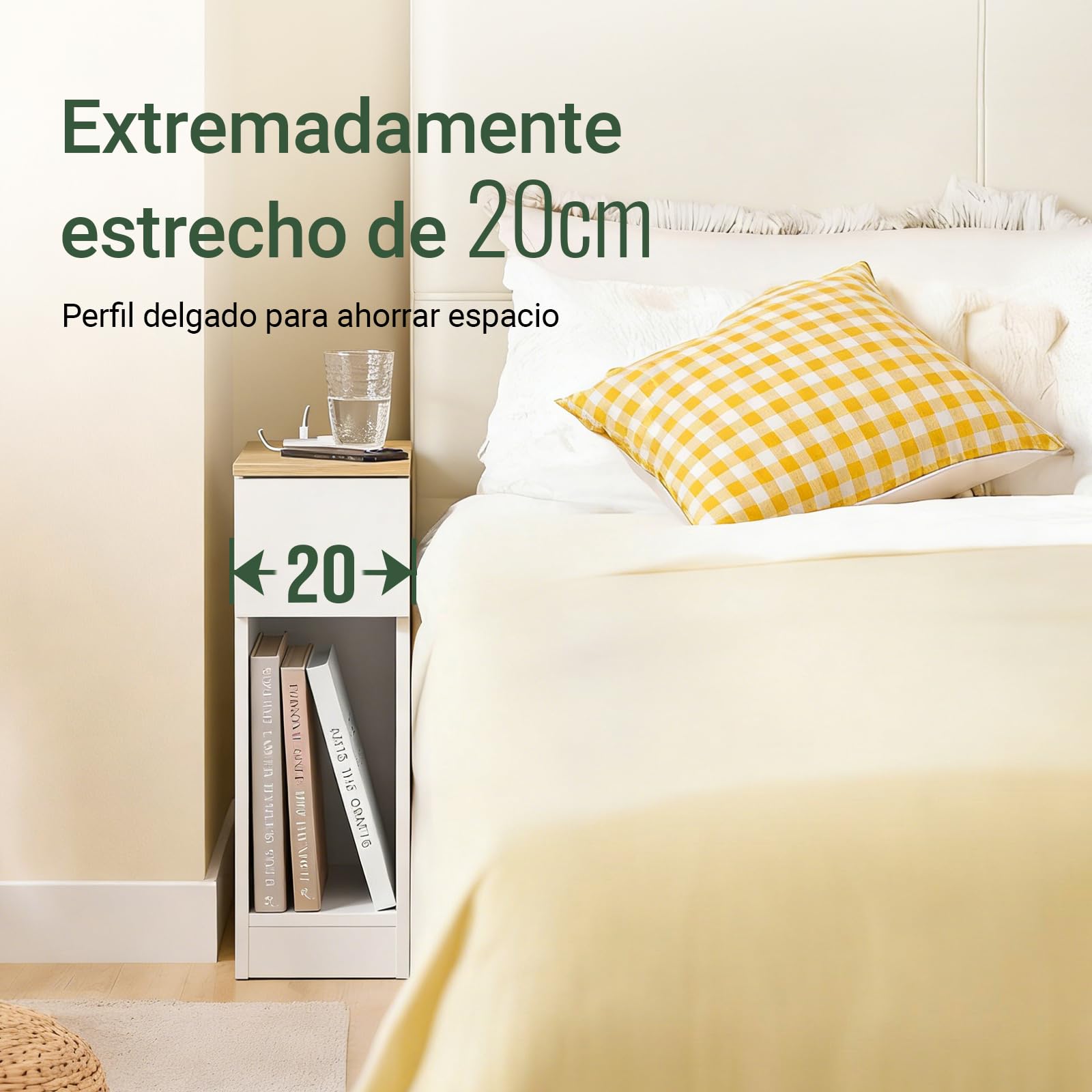 SoBuy mesita de Noche 20cm con estación de Carga y rodapié, 20x35x60cm | Mesilla de Noche Mesa Auxiliar estrecha, ahorra espacio para dormitorio, sala de estar, espacios pequeños, Blanco FBT111-E-WN
