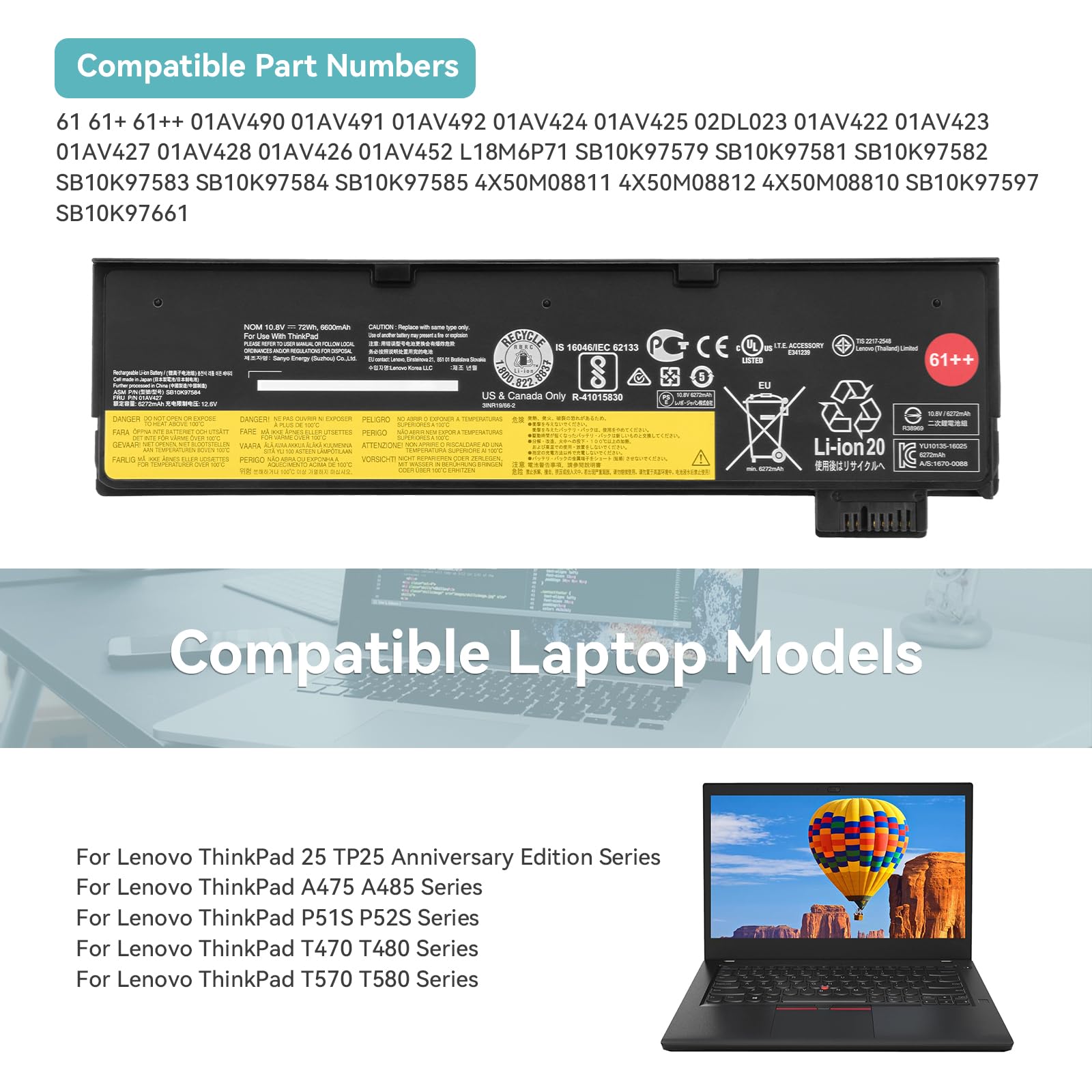 K KYUER 72Wh 61++ Batteria per Lenovo ThinkPad T470 T480 T570 T580 Business Laptop A475 A485 TP25 P51S P52S 01AV492 01AV427 01AV428 01AV423 SB10K97584 SB10K97585 4X50M08811 4X50M08812 4X50M08810