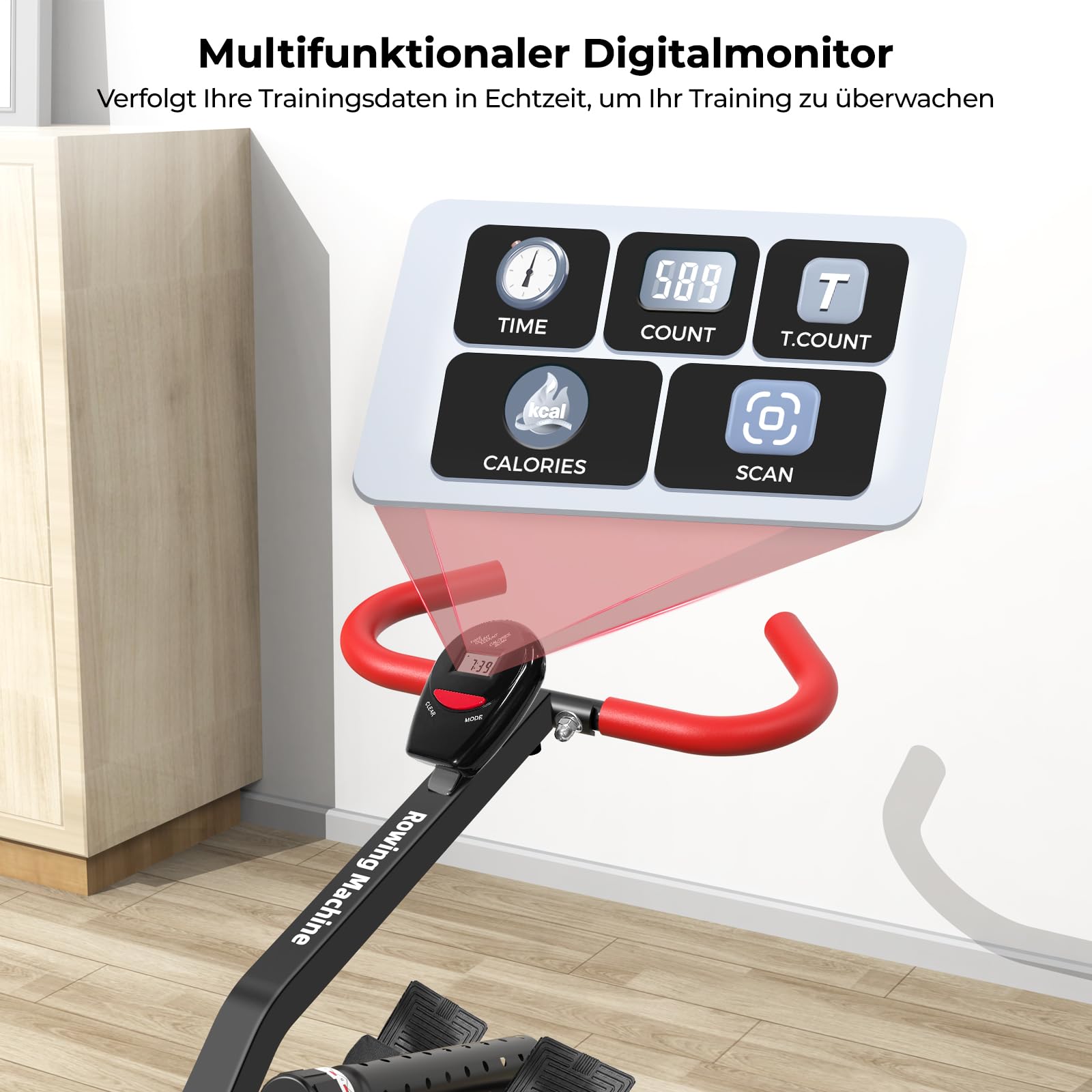 Rudergerät für Zuhause, Micyox Hydraulisches Fitness-Rudergerät mit 12 Widerstandsstufen, Multifunktionaler Rückenlehne, Micyox Heimtrainer Fahrrad Klappbar mit LCD-Display