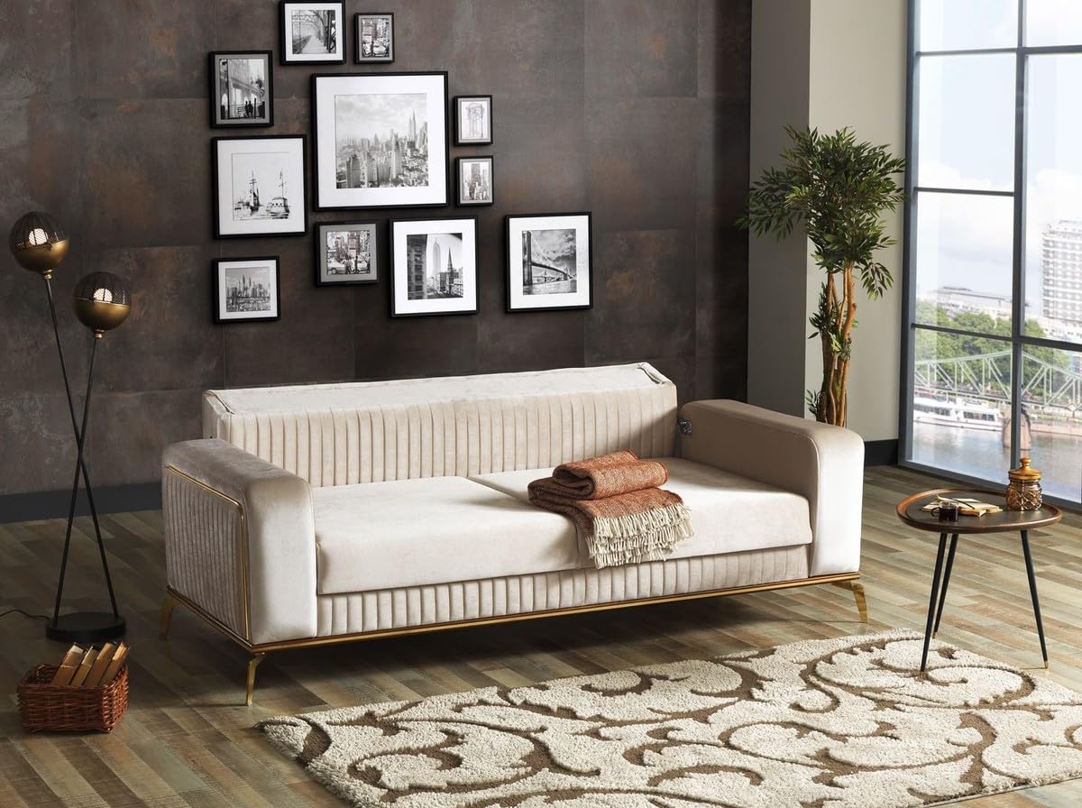 Casa Padrino Luksusowa sofa rozkładana kremowy/brązowy/złoty 225 x 92 x szer. 83 cm - sofa do salonu z 3 poduszkami - luksusowe meble do salonu