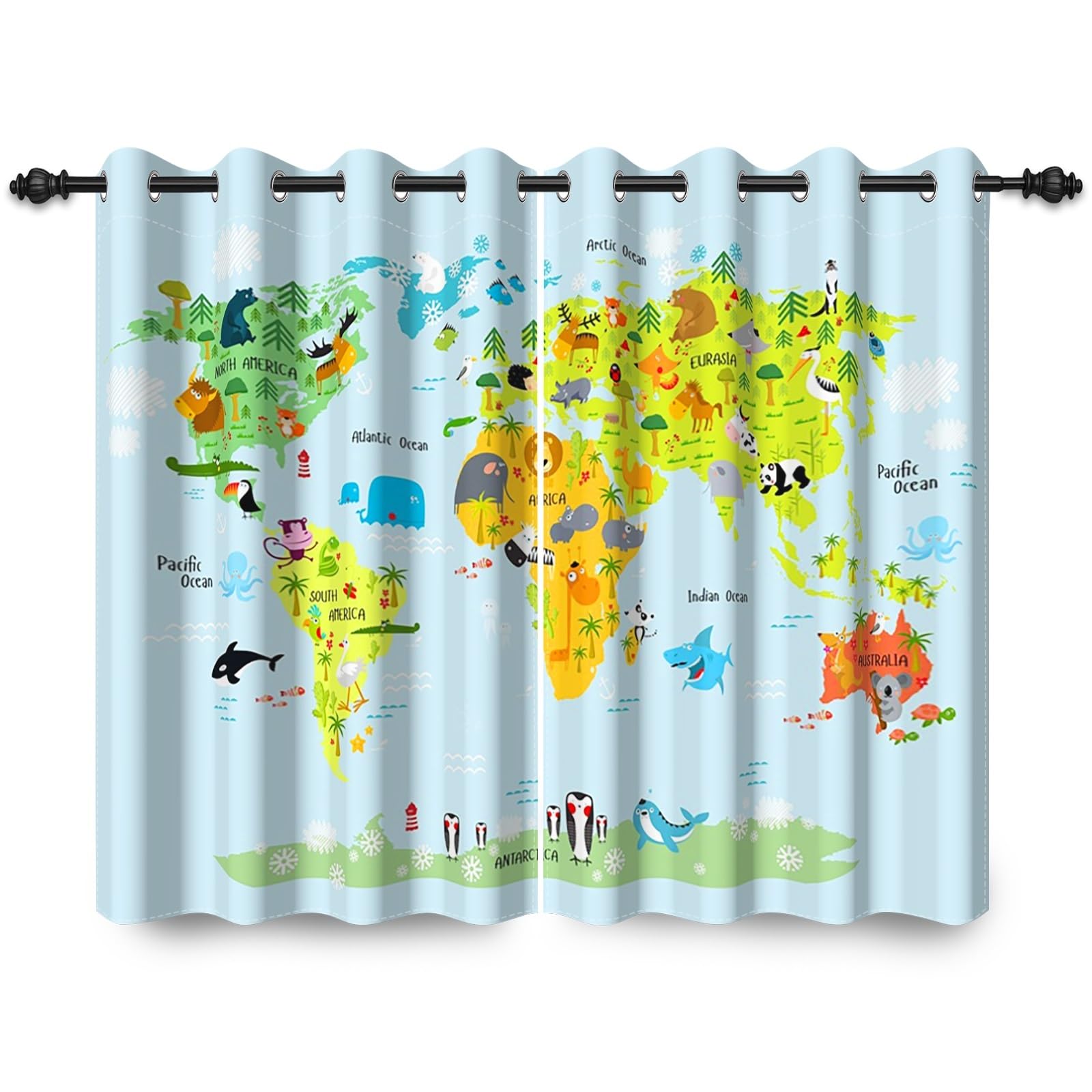 107x160cm Mapa Cortina con Ojales Dibujos Animados Verde Mapa del Mundo Animales náutica Opacas Cortinas para Ventanas Niñas niños Habitación Infantil Dormitorio Sala de Estar,2 Panel