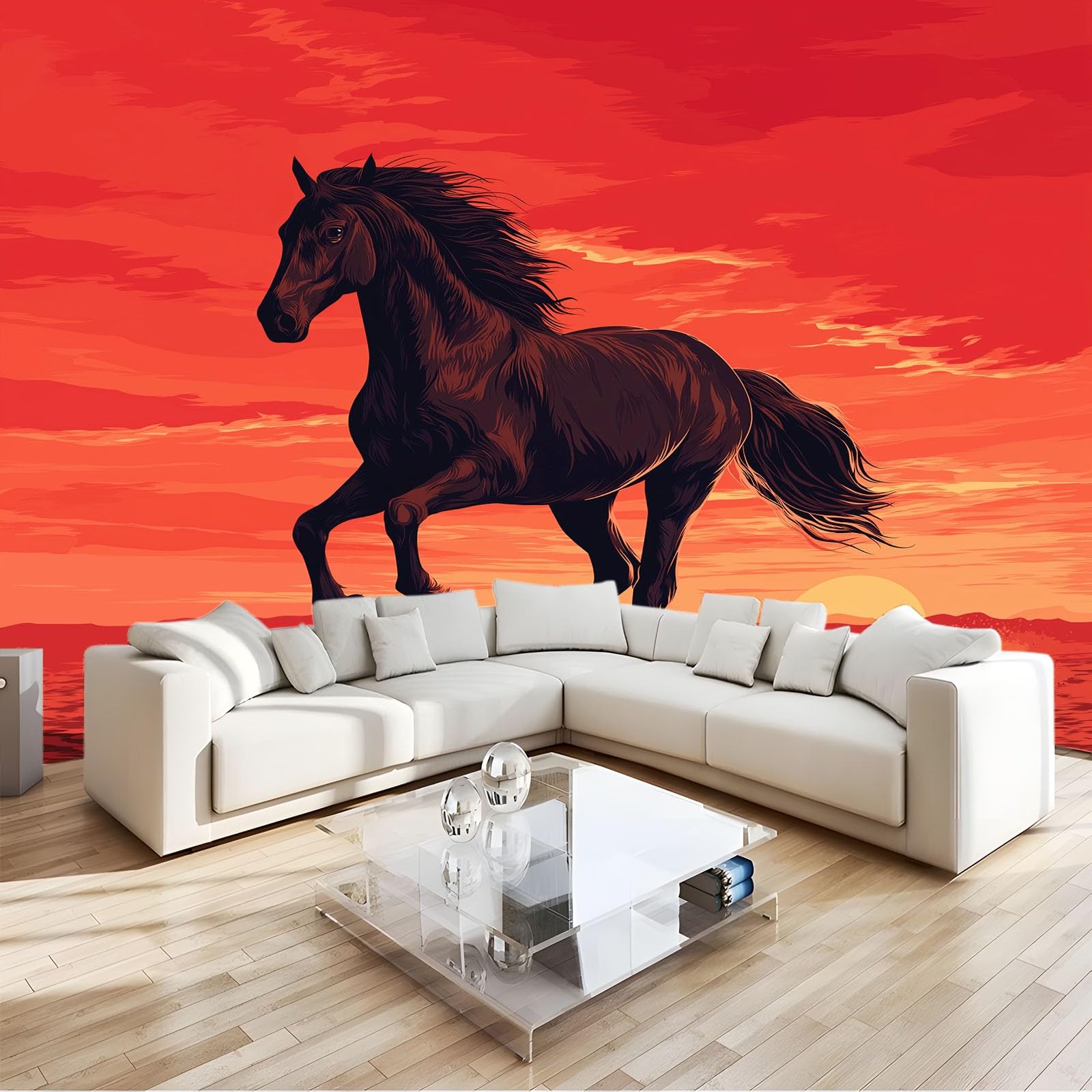 Papier Peint Panoramique Animaux 3D Mural Coucher de Soleil Orange