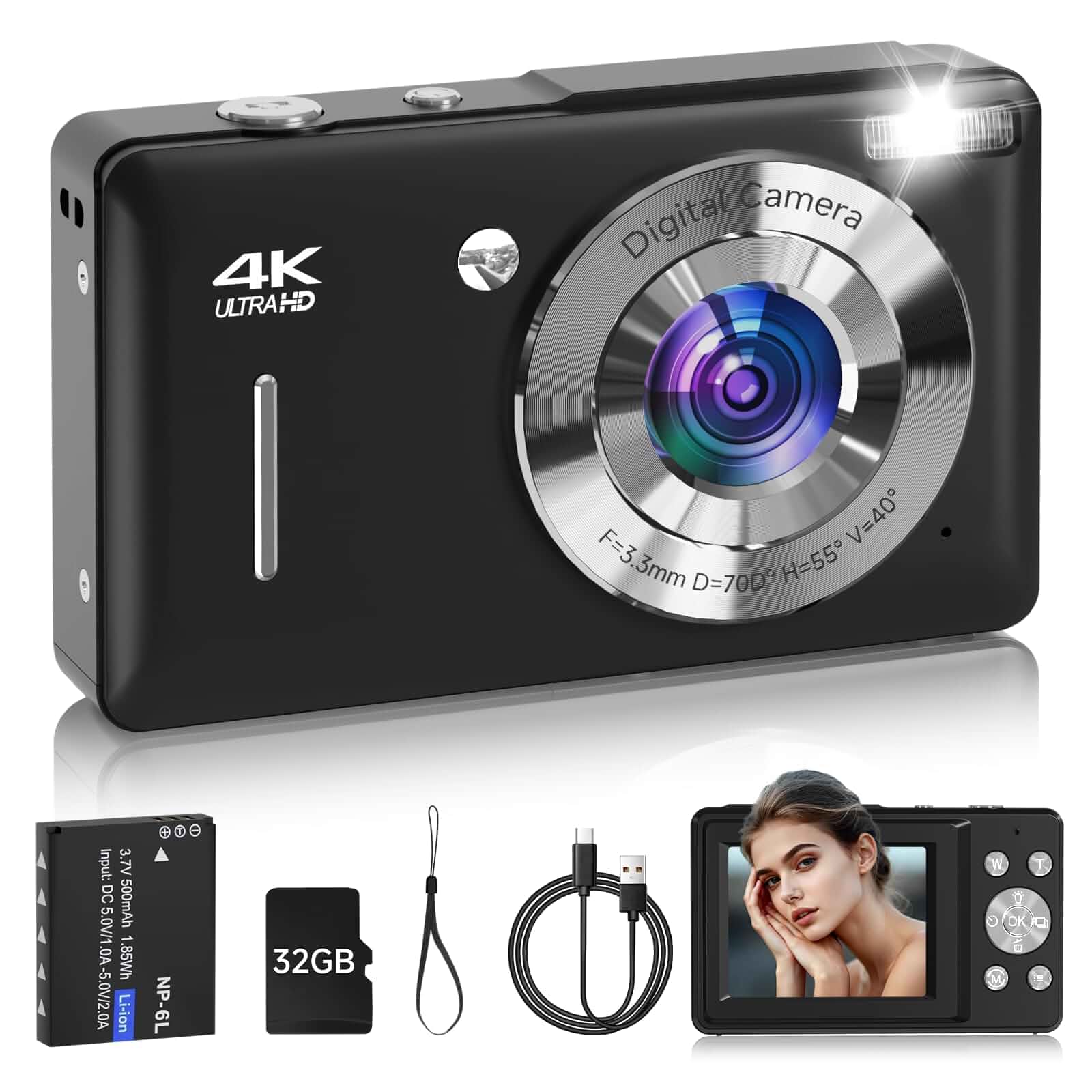 Digital Camera for Kids, FHD 1080P 44MP Point and Shoot Digital Camera with Face Detect, Smile Capture, 16X Zoom, 20 Filters, Anti Shake, 32GB SD Card Black Compact Vintage Camera for Kids Boys Girls Compact