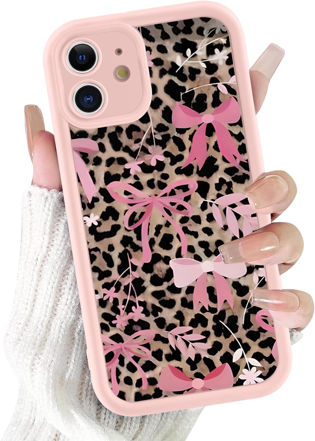 Cute Bow Cheetah Phone Case for iPhone 12 Pink Flower Case 6.1", Aesthetic Leopard Bowknot Ribbon Pattern Shockproof Soft Slim TPU Full Camera Lens Protective Cover Funda for Women Girls